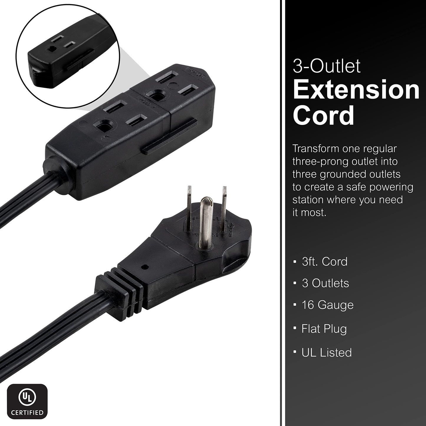 GE 69877 - Cable de extensión Plano de 3 tomacorrientes con múltiples tomacorrientes, Extensor de Salida de 3 Clavijas, Enchufe Plano para Interiores, Calibre 16, certificación UL, Negro