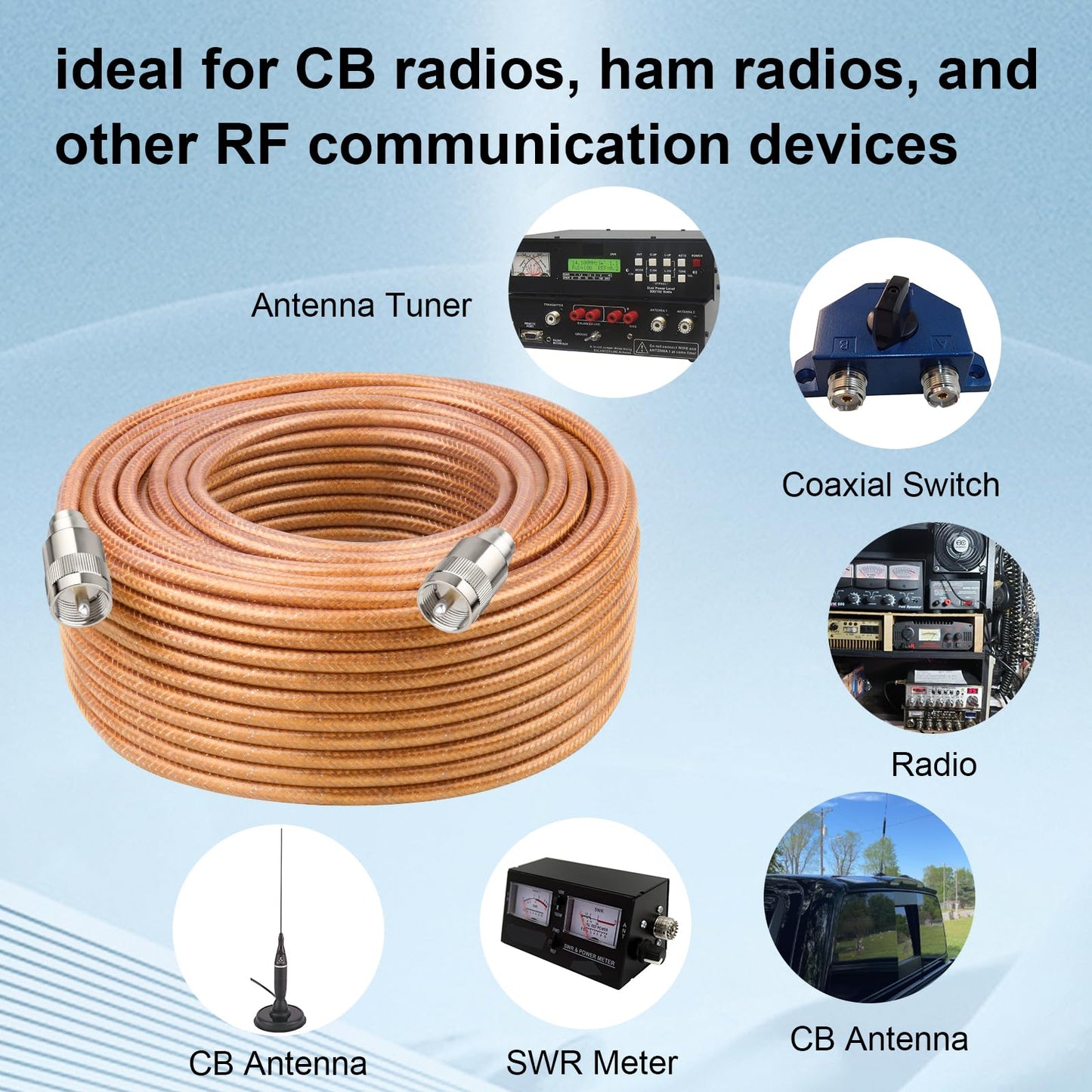 XRDS -RF 4.57M RG8X Cable coaxial con conectores macho PL259 UHF, núcleo de cobre sólido, blindaje trenzado, cable CB para radio ham, radio HF y dispositivos de comunicación