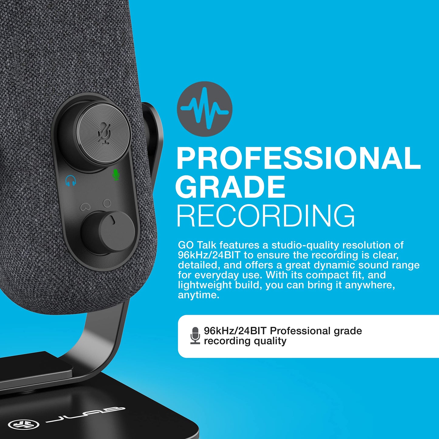 JLab Go Talk Micrófono USB | Negro | Salida USB-C | Cardioide u omnidireccional | Frecuencia de muestreo de 96 K | Respuesta de frecuencia de 20 Hz - 20 kHz | Control de volumen y silencio rápido | AUX de 3,5 mm | Plug and Play