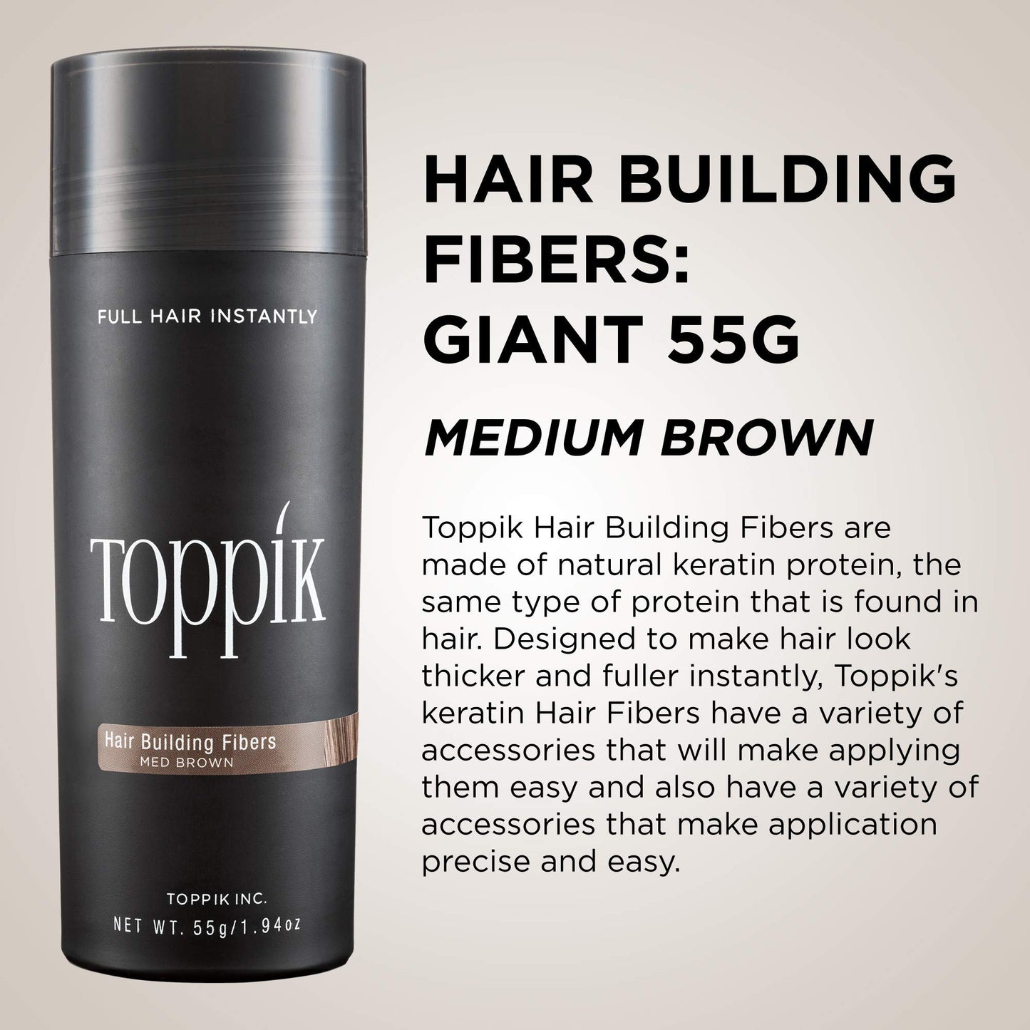 TOPPIK Hair Building Fibers, Medium Brown, 1.94 oz.