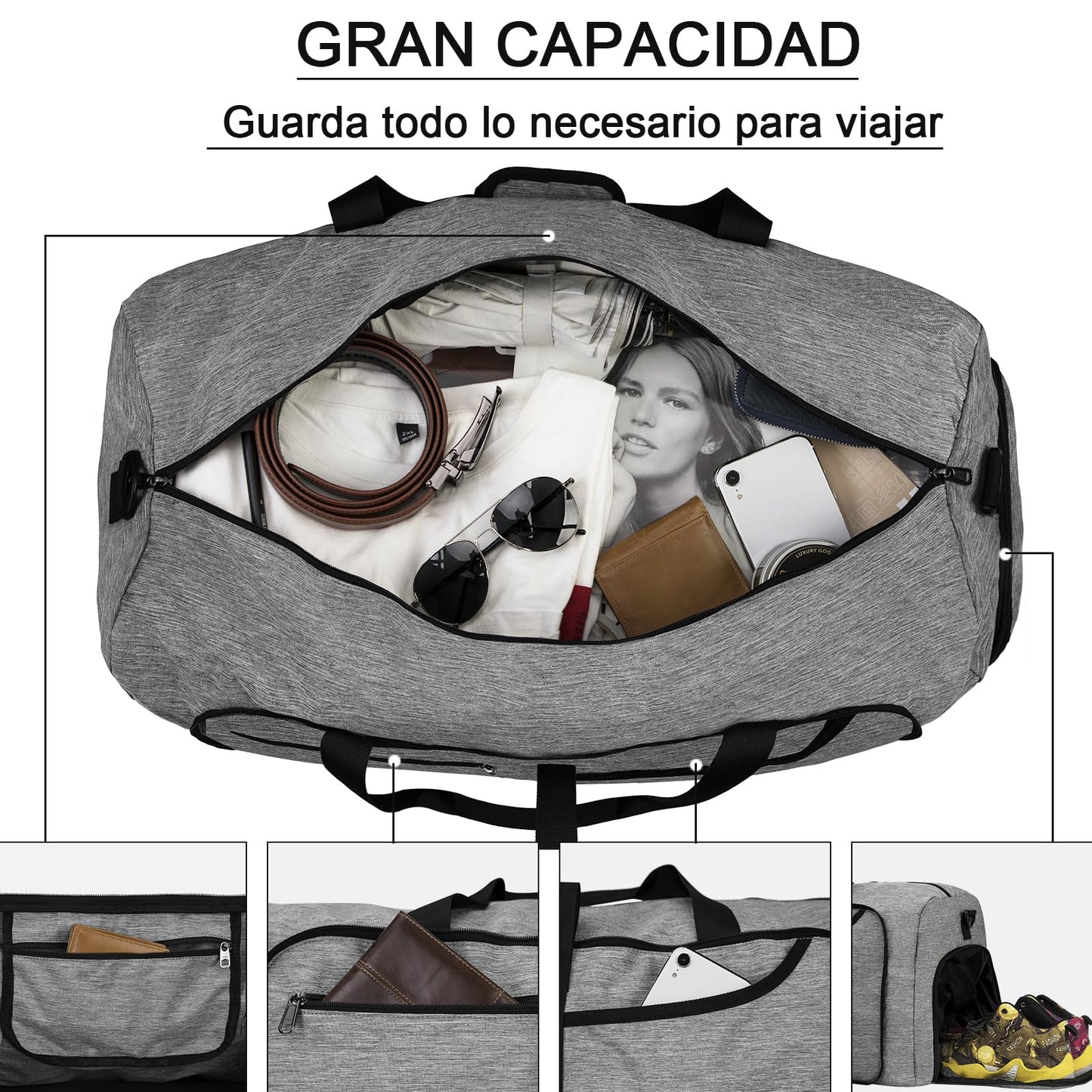 Bolsa de Viaje NEWHEY Gris Plegable Impermeable 65L con Compartimento para Zapatos para Mujer y Hombre
