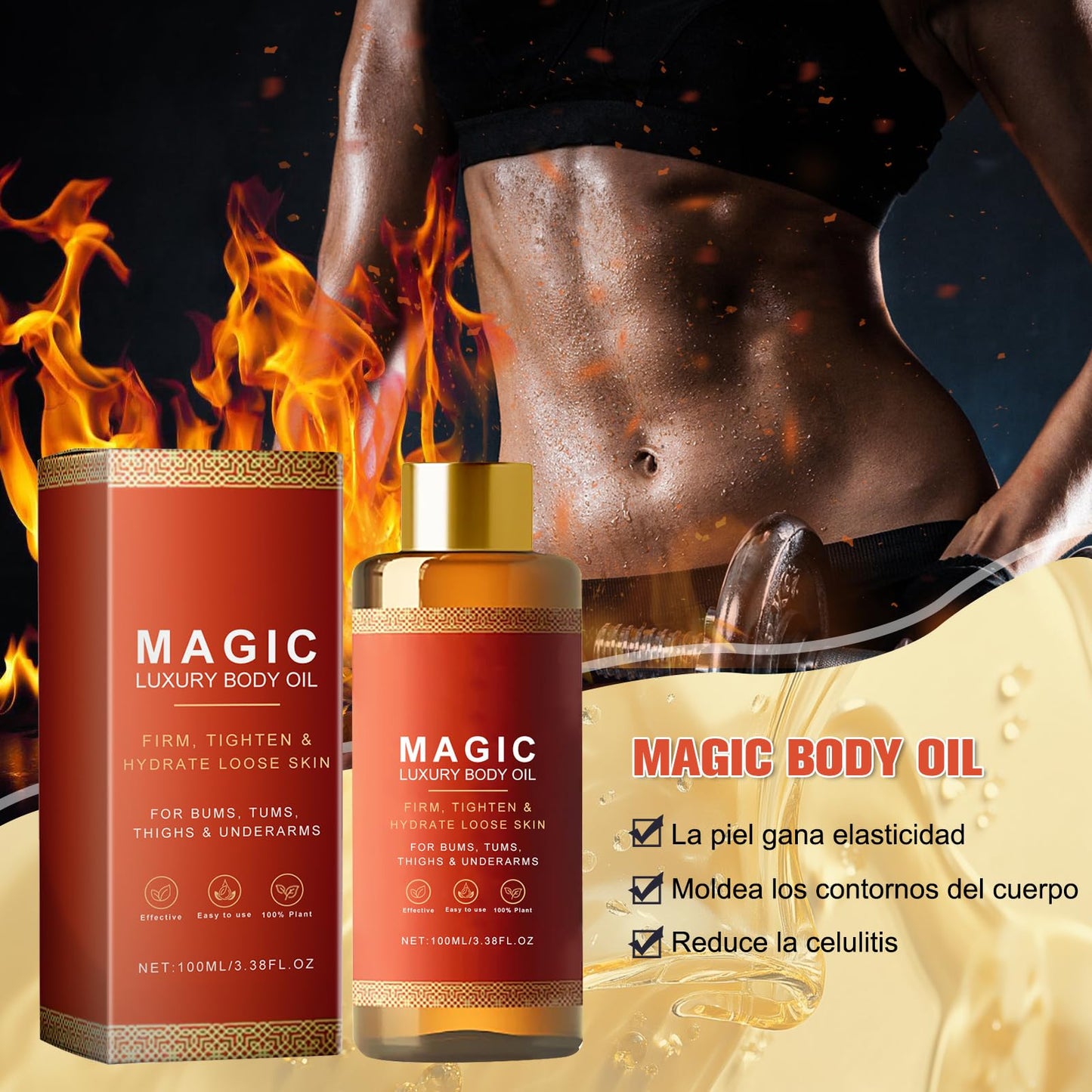 Conjunto de 2 aceites corporales mágicos Besque, hidratante lujoso de rápida absorción y no graso para reafirmar, hidratar y suavizar la piel en brazos, pecho, muslos y abdomen (100ml)