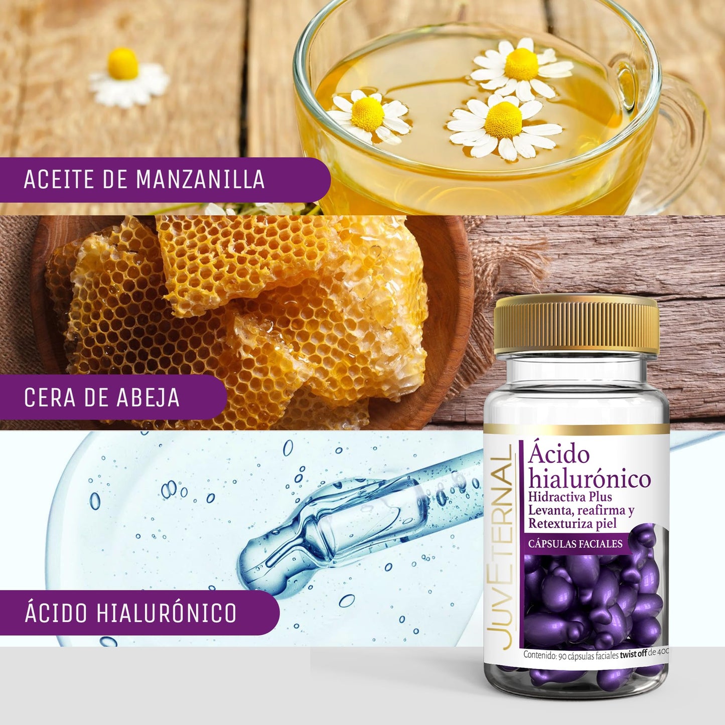 Juveternal Duo Cápsulas Faciales Retinol Cápsulas Faciales Acido Hialuronico 90 caps c/u Renovación celular Antimanchas Antiedad Hidrata Reafirma y Retexturiza la piel