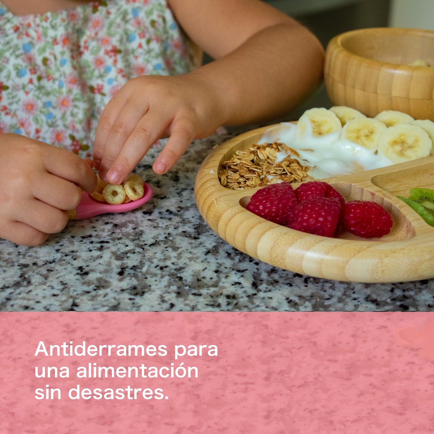 Ecowood® Plato Extendido de Bambú con Divisiones para Bebe y Niño - Con Base de Silicona Succión Adherente y Antiderrapante (Rosa)