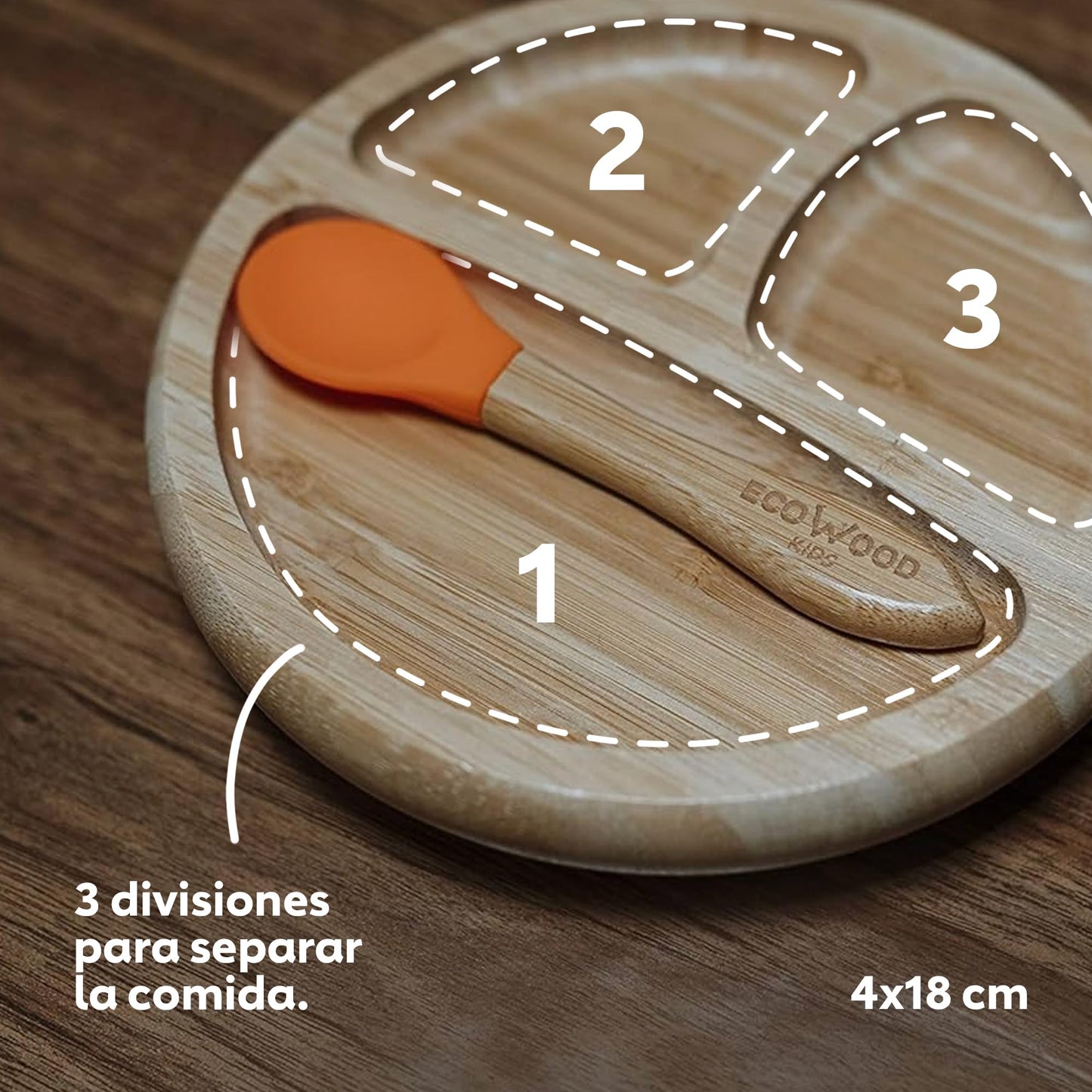 Ecowood® Plato Extendido de Bambú con Divisiones para Bebe y Niño - Con Base de Silicona Succión Adherente y Antiderrapante (Naranja)