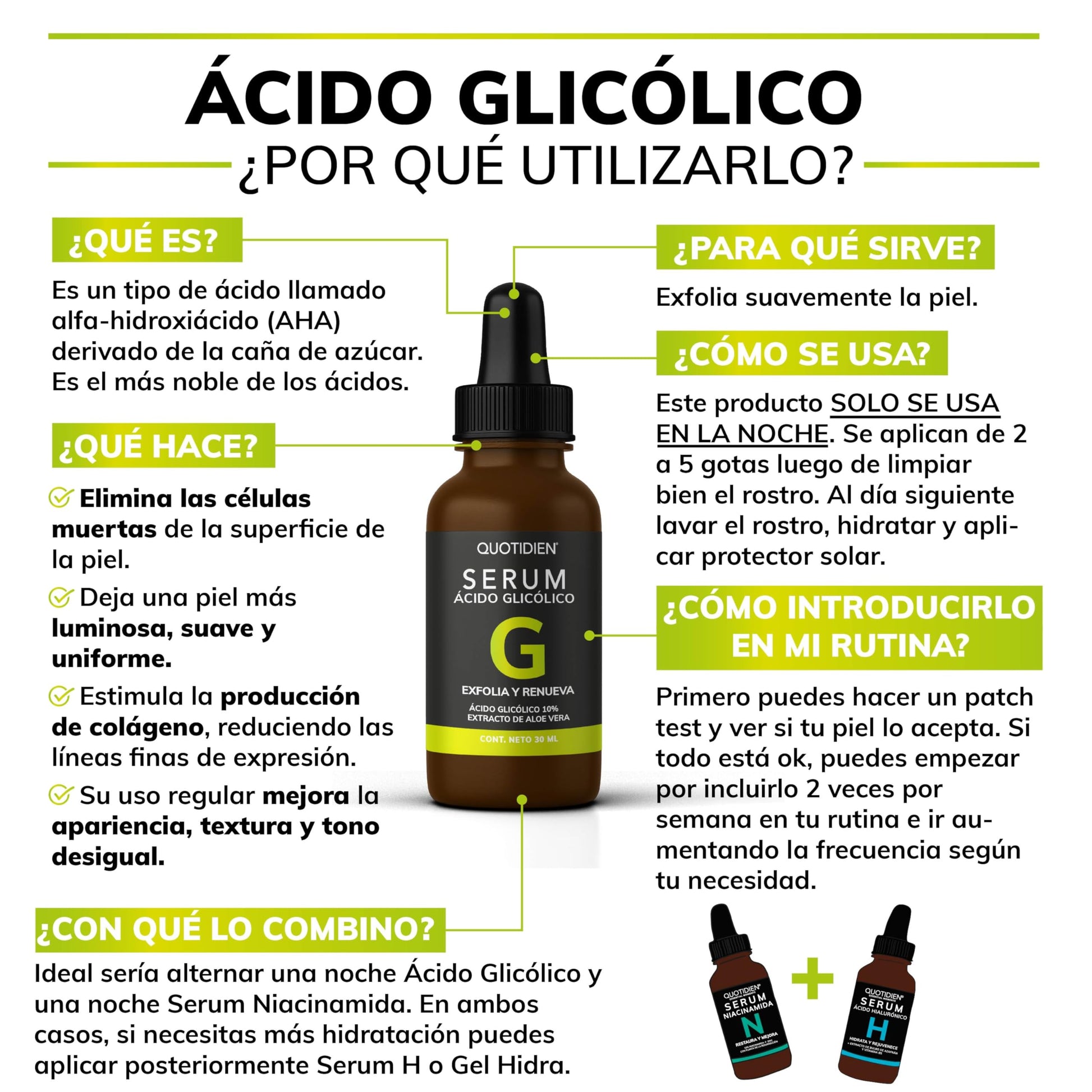 Serum Quotidien Acido Glicolico Aloe Vera Glicerina Exfoliación Efectiva Todo Tipo de Piel