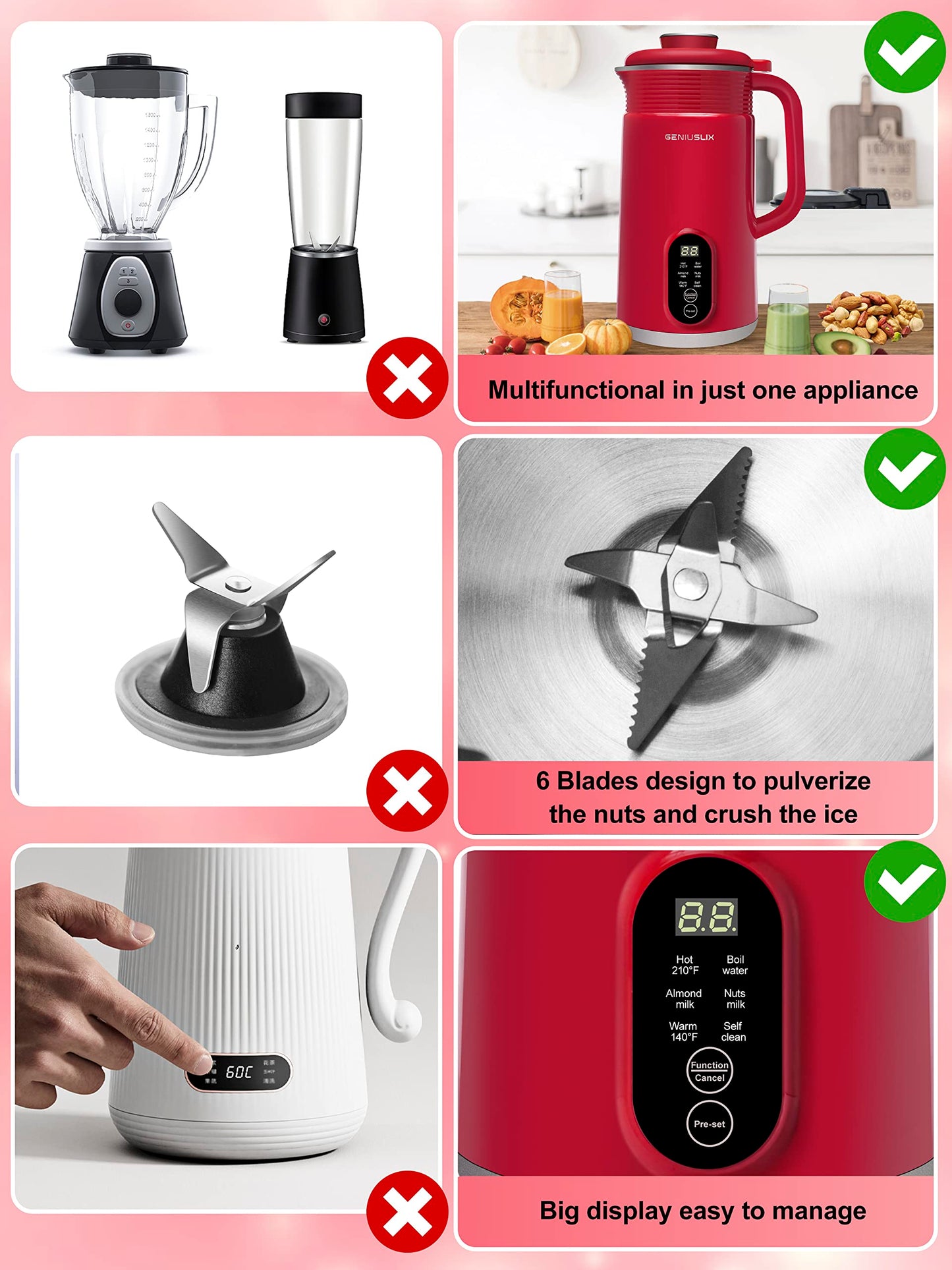 GENIUSLIX Máquina automática para hacer leche de nueces para leche casera a base de plantas con limpieza automática y control de temperatura, máquina de leche de soja, avena, coco, anacardo, almendra
