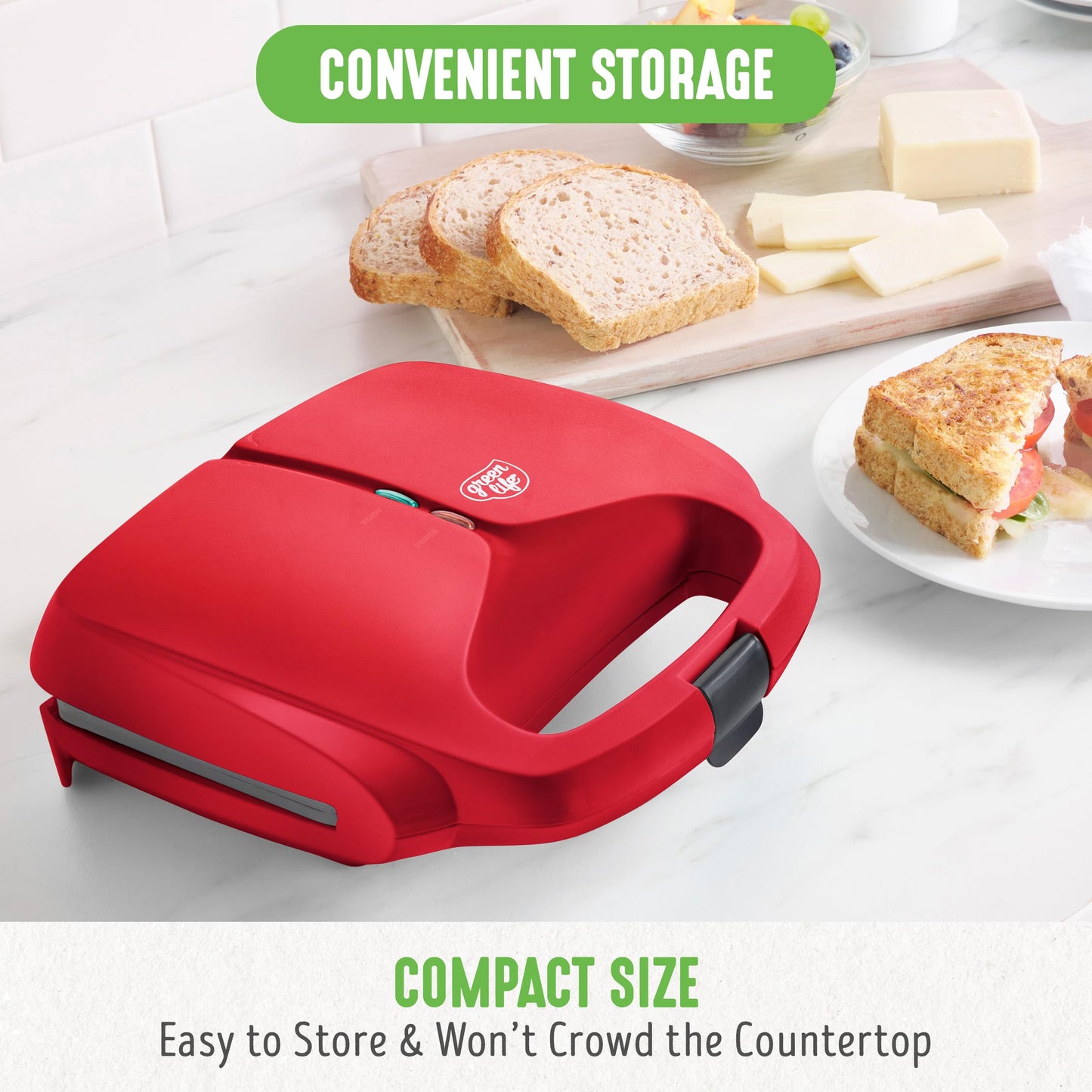 GreenLife Pro - Parrilla eléctrica Panini Press y sandwichera, placas antiadherentes de cerámica saludables, luz indicadora fácil, sin PFAS, rojo