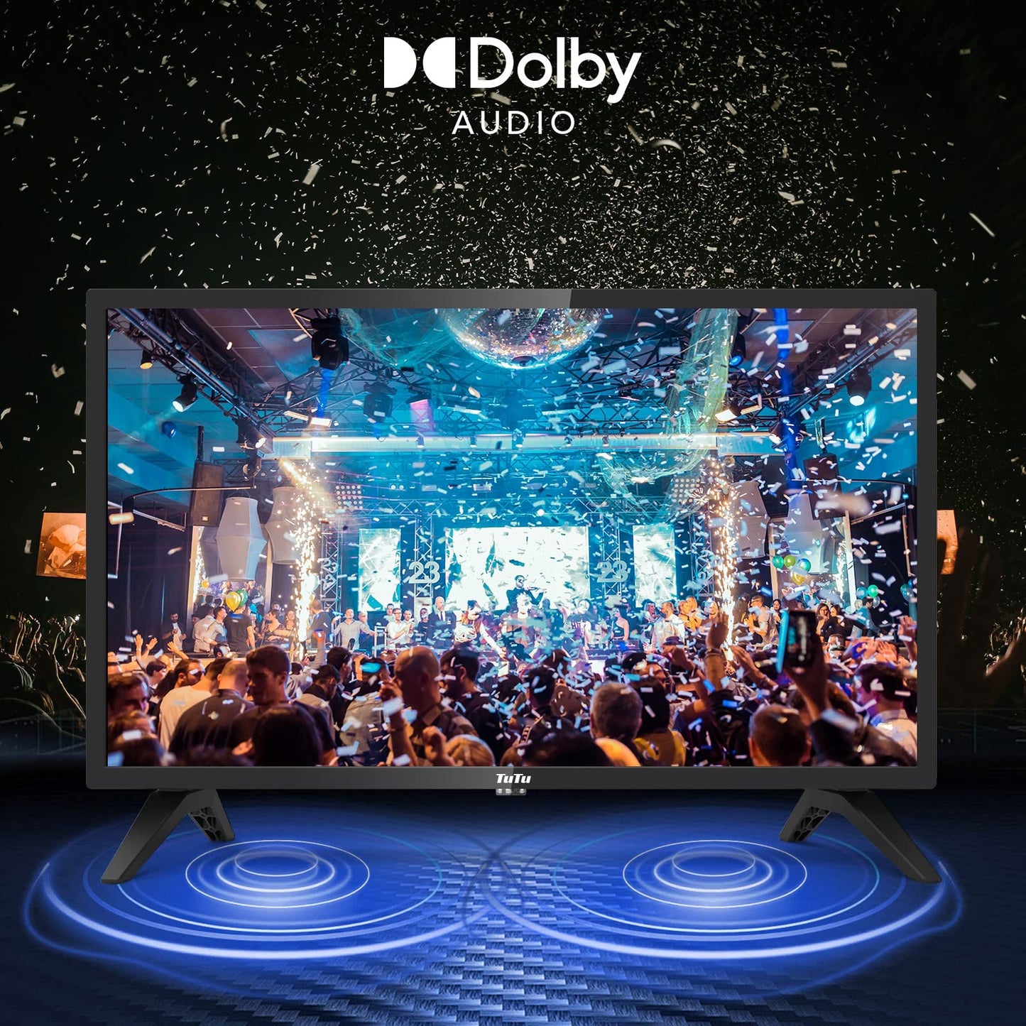 Televisor LED HD 720P TuTu 24 Pulgadas Pantalla Plana con Audio Dolby y Altavoces de Doble Canal