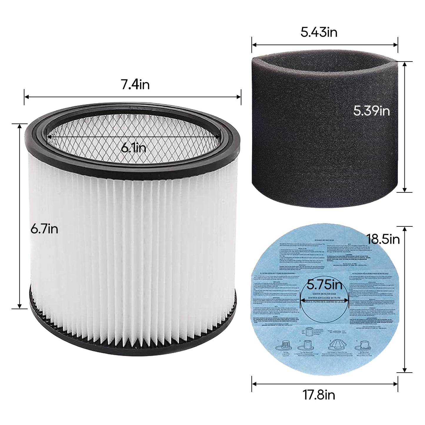 Filtro de repuesto 90304, 90107 filtro seco, funda de espuma 90585 apto para aspiradoras en húmedo/seco shopvac 90304, 90350, 90333, 903-04-00, 9030400, 5 galones hasta aspiradoras en húmedo/seco