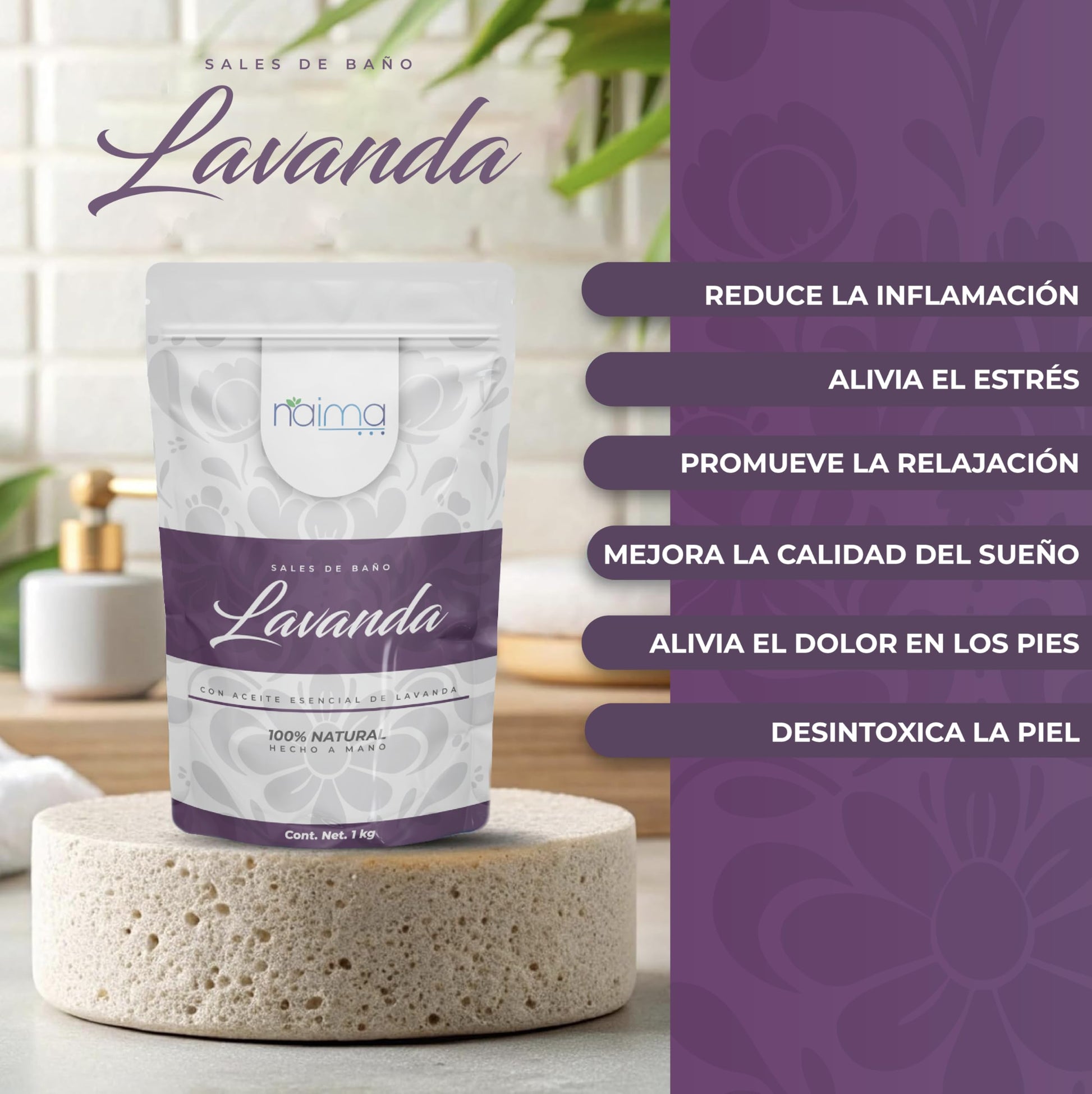 NAIMA Sal Epsom Lavanda, 1kg | Sulfato de Magnesio 100% Puro y Vegano | Baños Relajantes y Terapéuticos con Aroma de Lavanda | Ideal para Cuidado de Piel y Pies | Sin Colorantes Artificiales