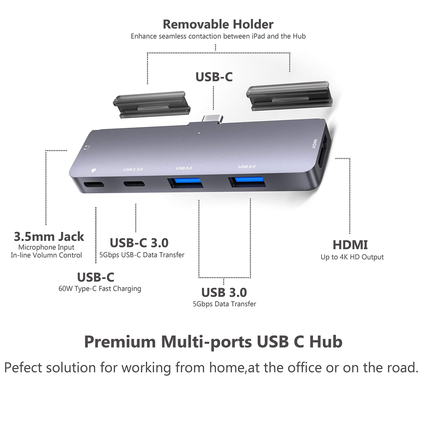 Adaptador USB C 6 en 1 para iPad Pro MacBook HDMI 4K y Más Conectividad