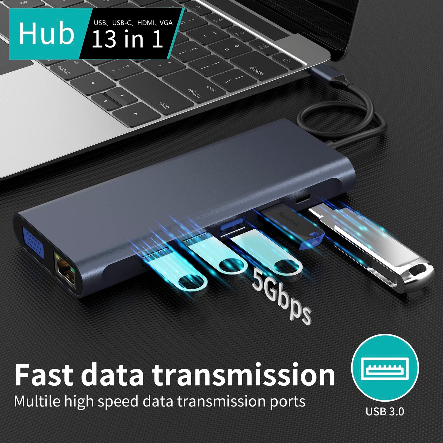 Concentrador de estación de acoplamiento USB C (13 en 1) con 2 puertos HDMI 4K, Ethernet, VGA, audio, USB3.0 TF/SD Dongle Dongle compatible con MacBook iPad Pro, Dell Hp Lenovo