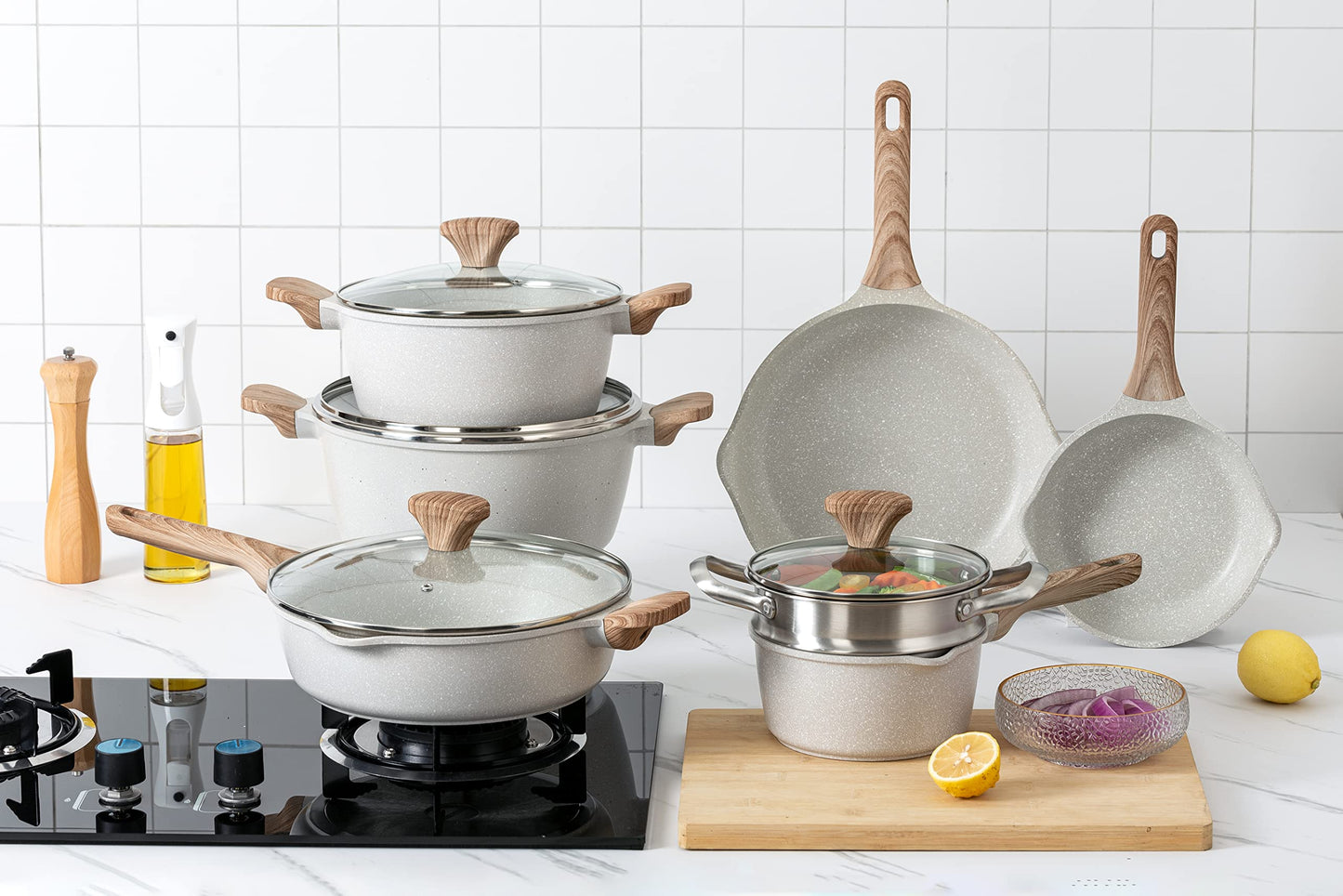 Country Kitchen - Juego de utensilios de cocina antiadherentes de aluminio fundido, utensilios de cocina duraderos para cocina diaria, crema, 15 unidades