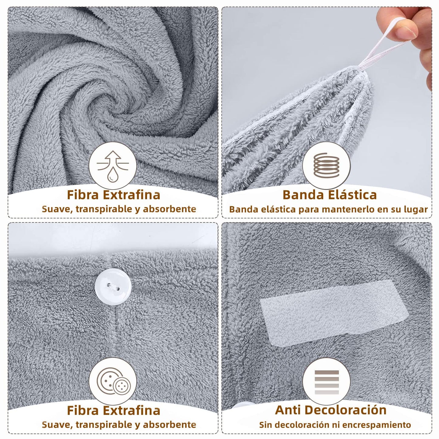 Toalla Microfibra para Cabello 3 Pack, Toalla de Cabello Seco con Botones, Gorro de Baño Ultra Absorbente de Agua, Secado de Pelo Súper Rápido, Turbante Suave Anti Frizz para Mujer (Rosa Gris Azul)