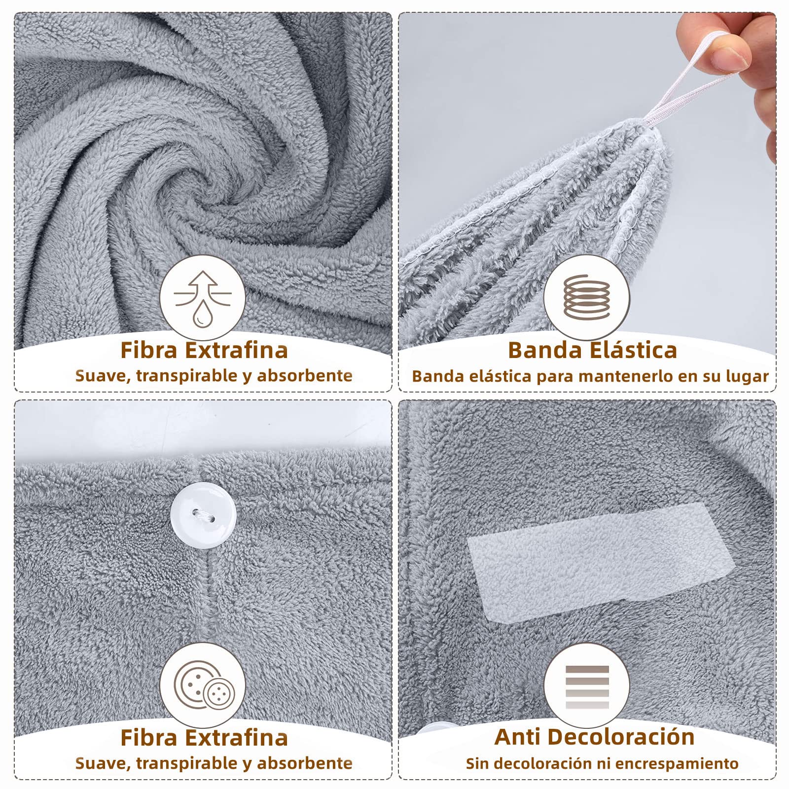 Toalla Microfibra para Cabello 3 Pack, Toalla de Cabello Seco con Botones, Gorro de Baño Ultra Absorbente de Agua, Secado de Pelo Súper Rápido, Turbante Suave Anti Frizz para Mujer (Rosa Gris Azul)
