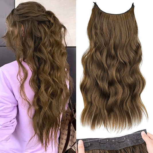 Extensiones de Cabello Natural Ondulado, Extensión de Liga, Extensiones de Cabello Ondulado, Extensiones Halo con Diadema Invisible, 3/4 Cabeza Completa Ondulada Extensiones Cabello con Clip Seguros Extraíbles, Tamaño Ajustable, Resistente al Calor Extraí
