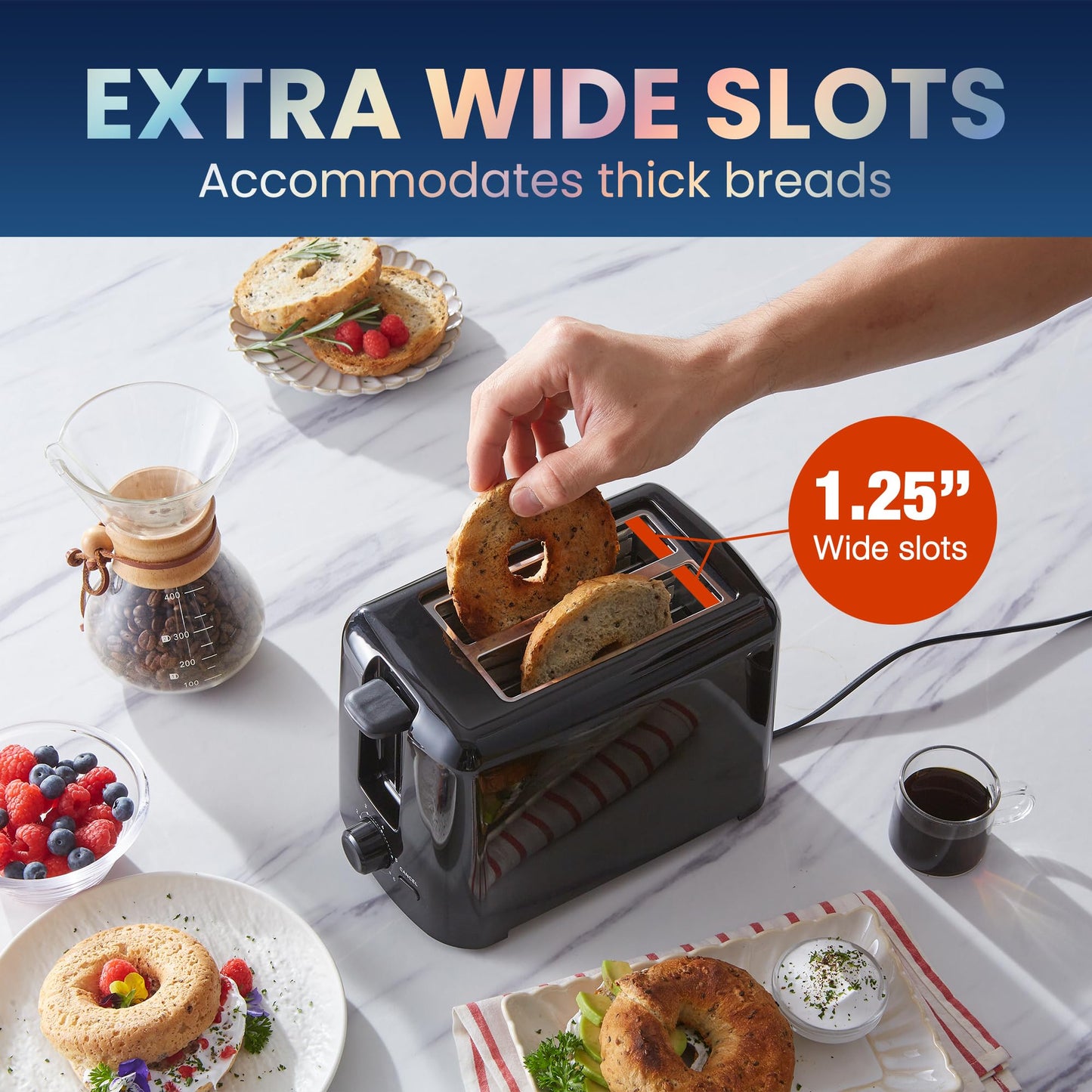 Elite Gourmet ECT1027B tostador de tacto fresco con 6 ajustes de temperatura y ranuras extra anchas de 1.25 pulgadas para bagels, gofres, panes especiales, hojaldre, aperitivos, certificado ETL, 2