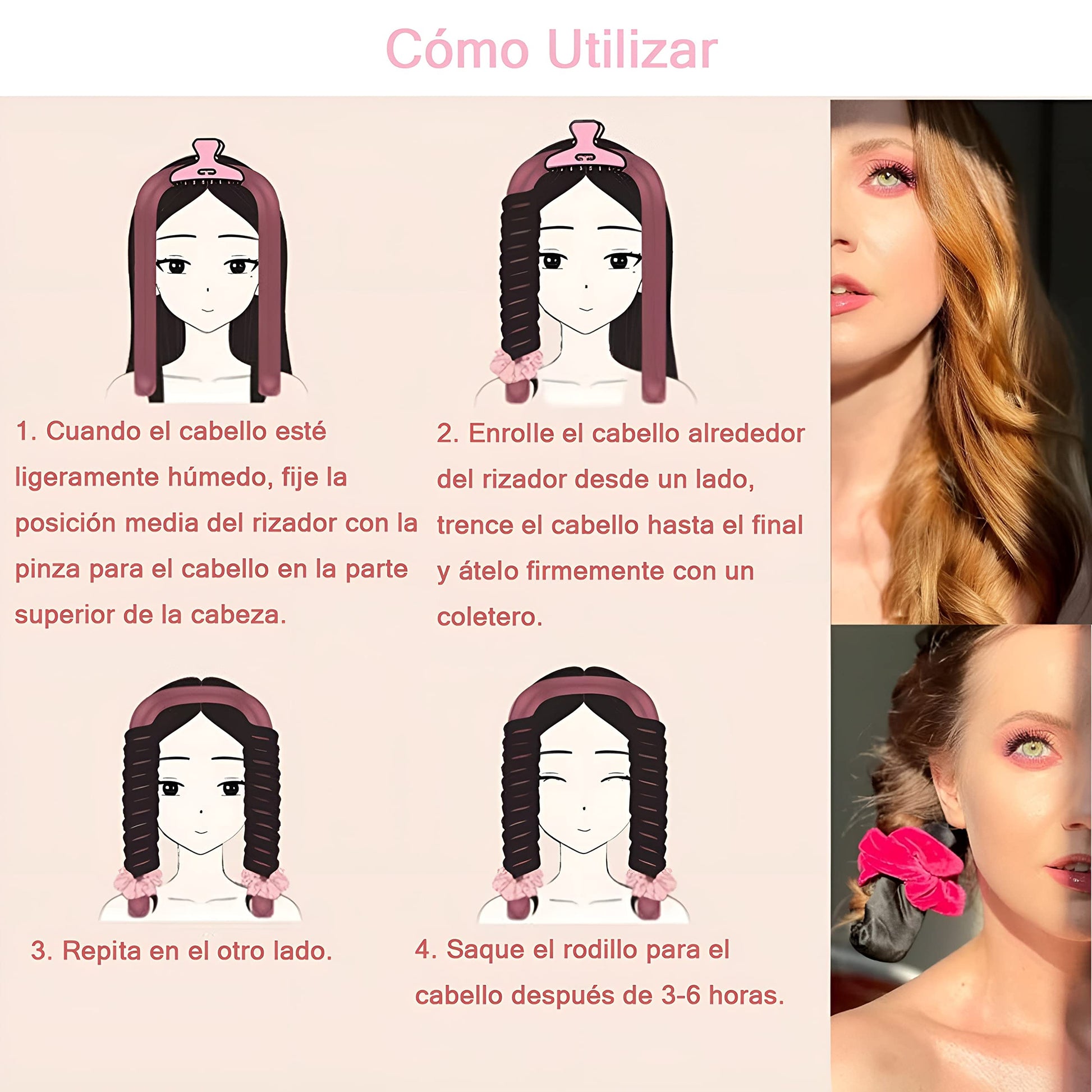 Rizos Sin Calor para Onda Natural, Rizadores de Cabello Sin Calor con Pinzas para el Cabello y Coletero para Cabello Largo, Kit de Herramientas para Peinar el Cabello de Seda Suave, Sin Daños, Sin Calor (Rosa)