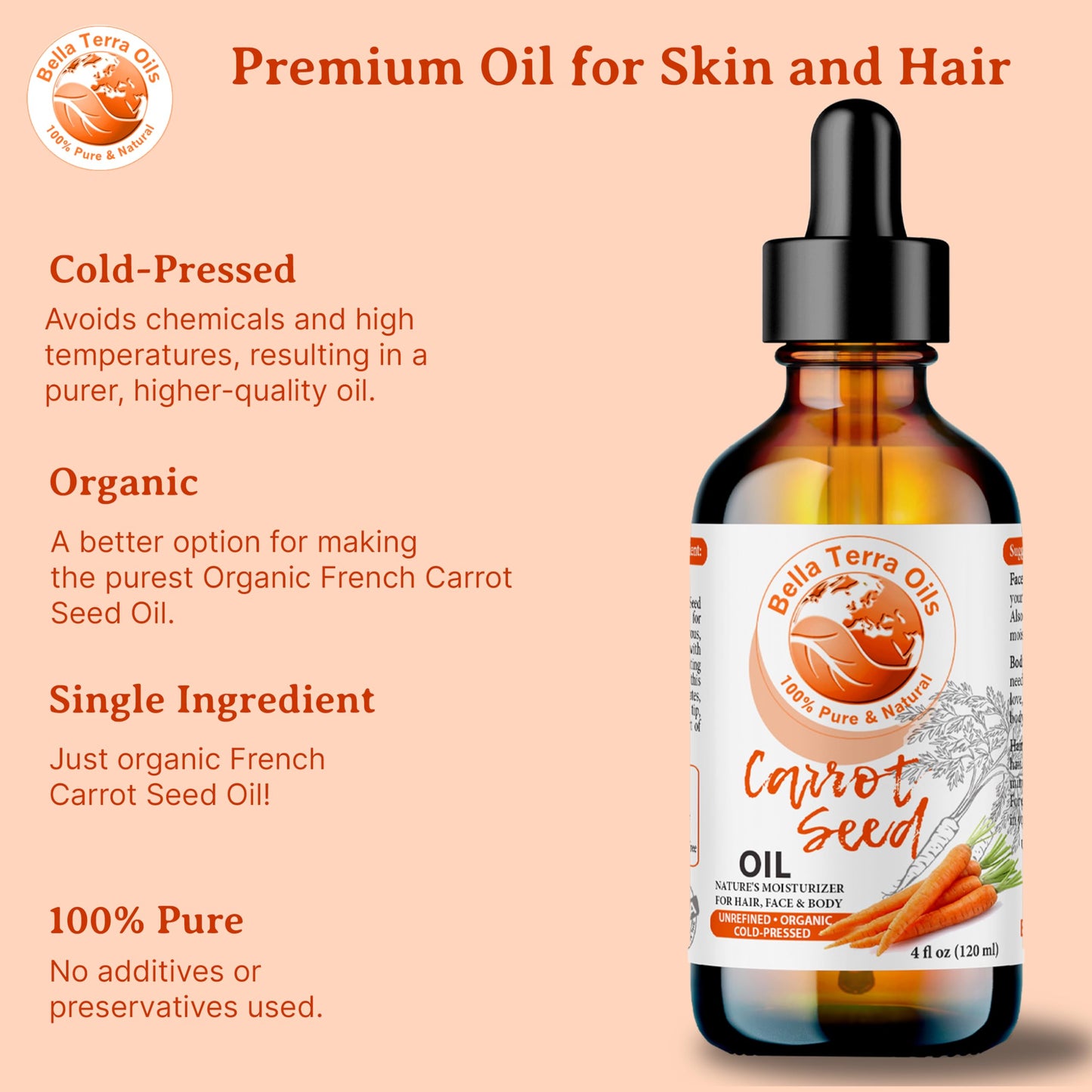 NEW Carrot Seed Oil. 4oz. Cold-pressed. Unrefined. Organic. 100% Pure. Daucus Carota. Hexane-free. Rejuvenates Skin and Softens Hair. Natural Moisturizer. For Hair, Face, Body, Nails, Stretch Marks.