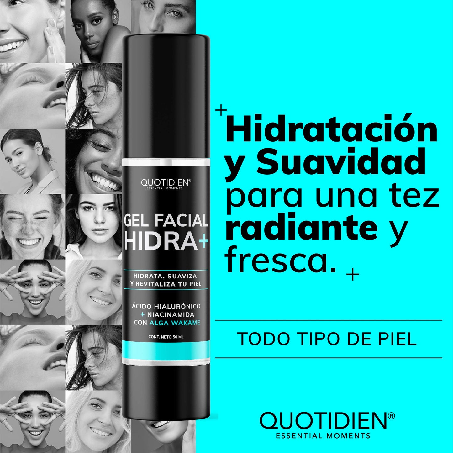 Gel Hidratante Facial con Ácido Hialurónico + Niacinamida + Alga Wakame | 97% Ingredientes Naturales | Hidratación Extrema | Suavidad | Aumenta la Luminosidad Natural de tu Piel | Oil-Free | Ideal Para Todo Tipo de Piel | Crema Hidratante facial de rápida