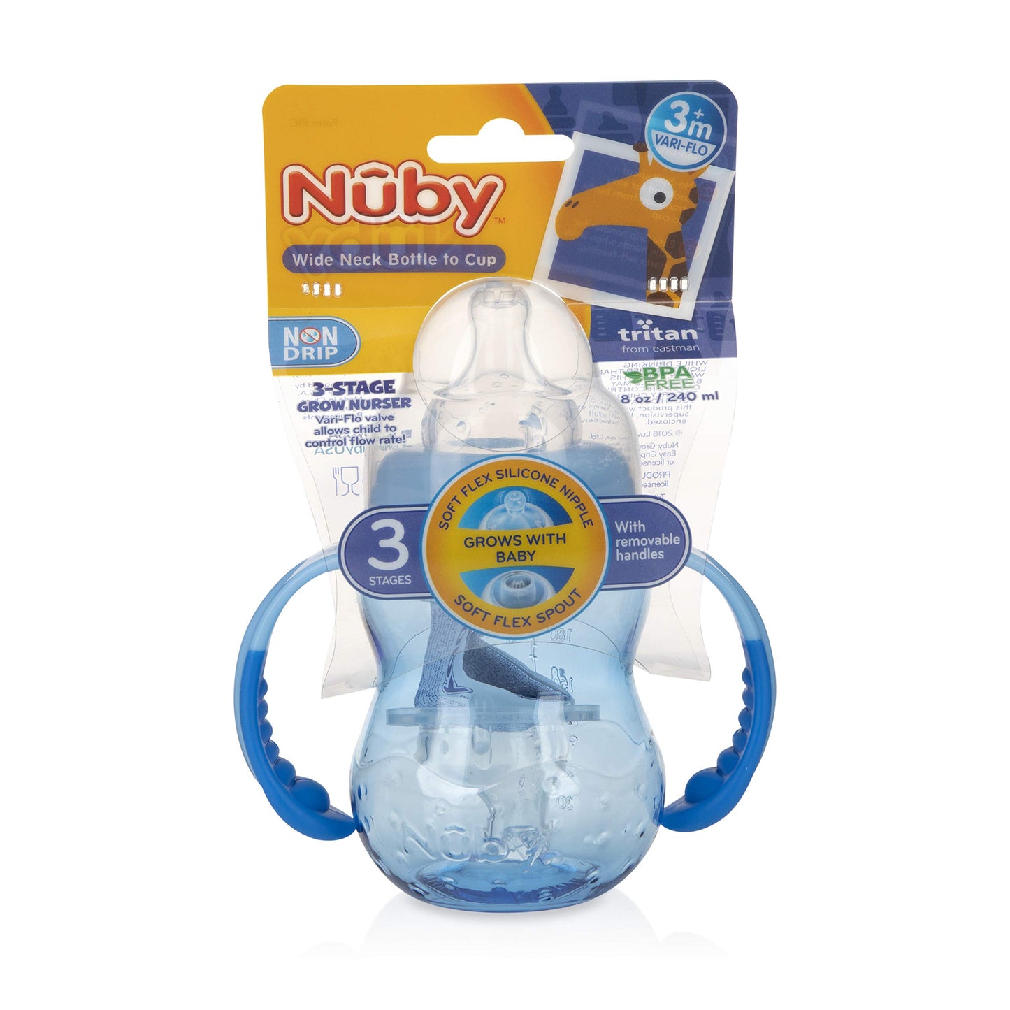 Botella de Cuello Ancho Nuby Multicolor sin Goteo de 3 Etapas para Niños