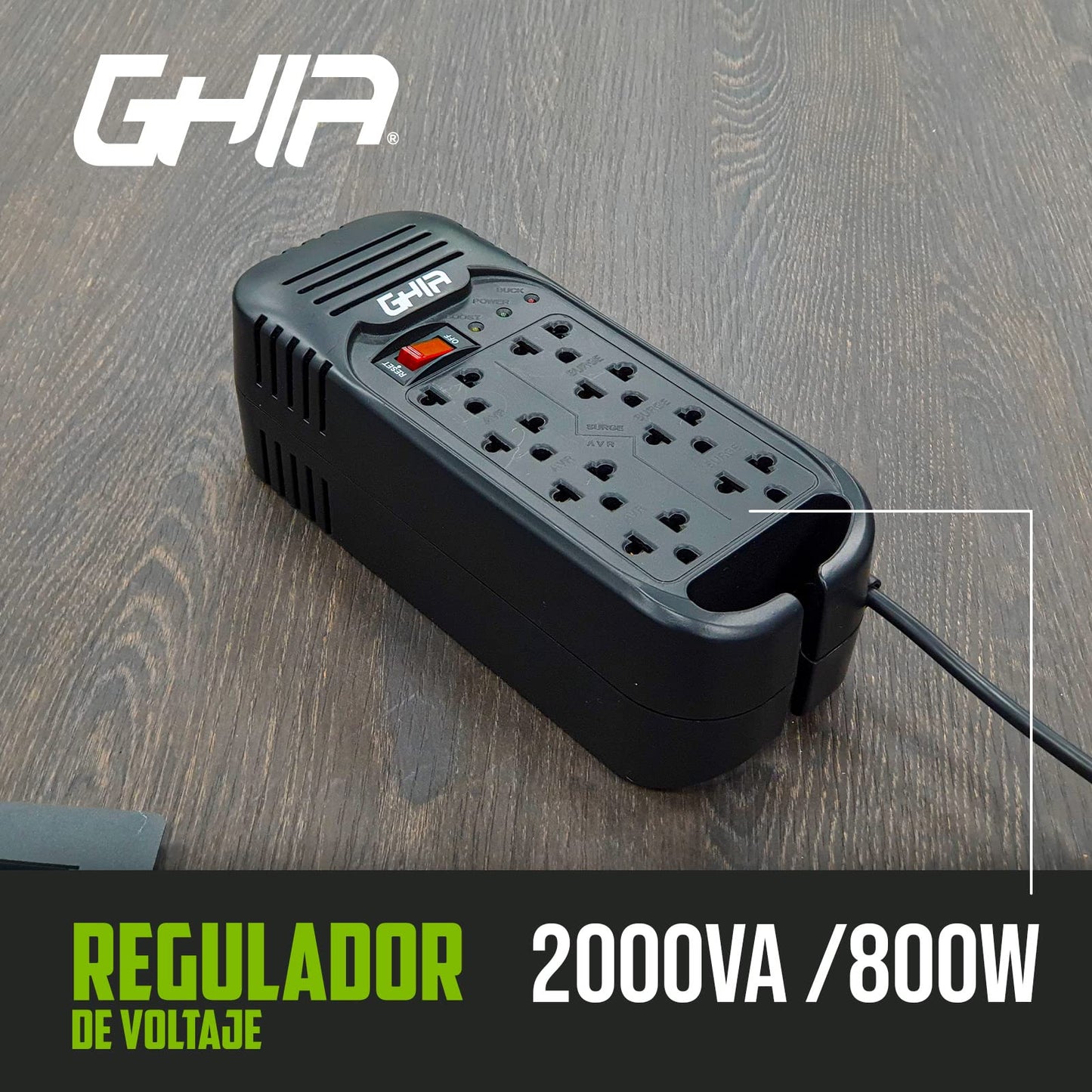 Regulador de Voltaje GHIA GVR-020 Negro Respaldo de hasta 8 Dispositivos para Hogar u Oficina