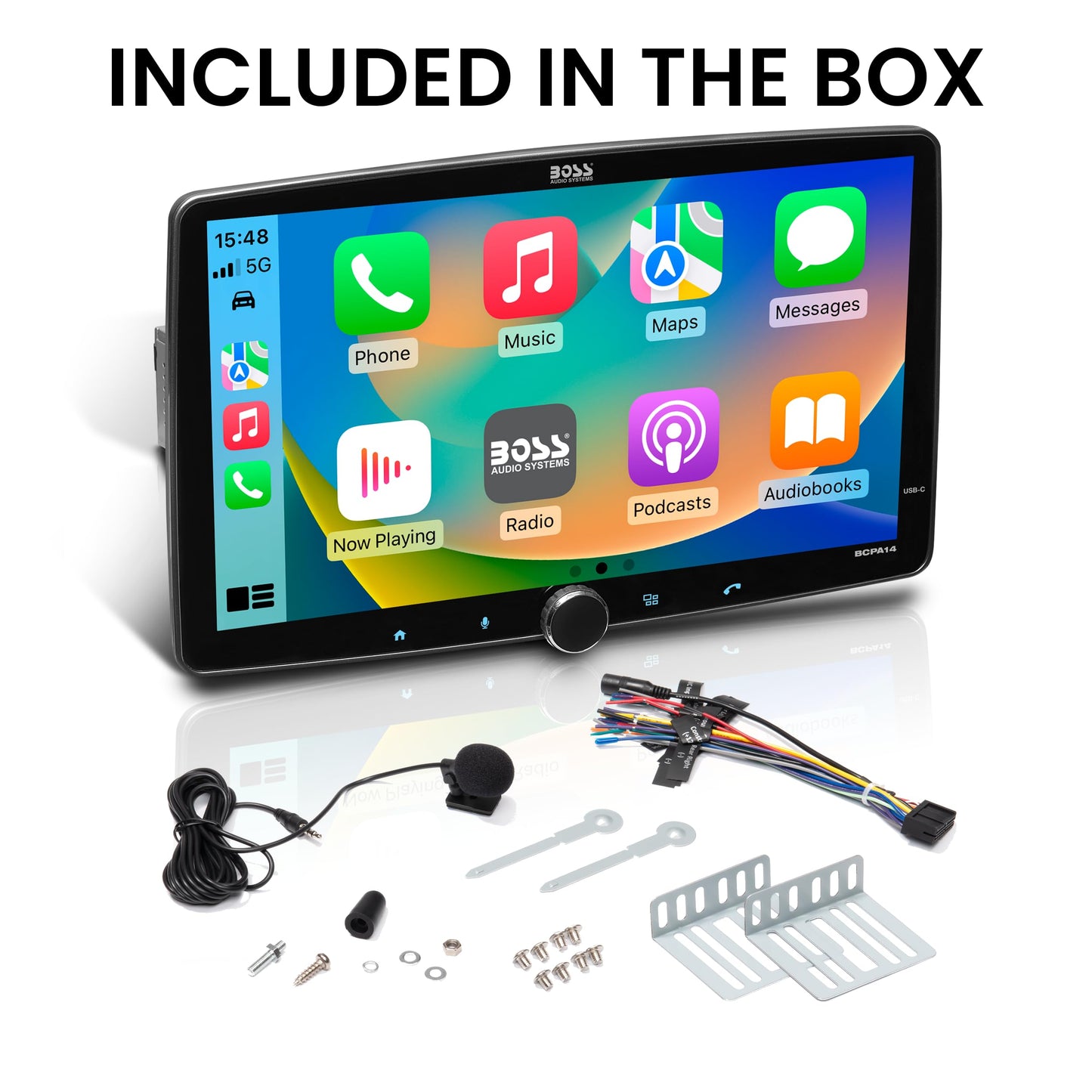 BOSS Audio Systems- BCPA14 Car Stereo - Apple CarPlay, Android Auto, DIN Simple, Pantalla táctil LCD capacitiva de 14 Pulgadas, Bluetooth, sin Reproductor de CD