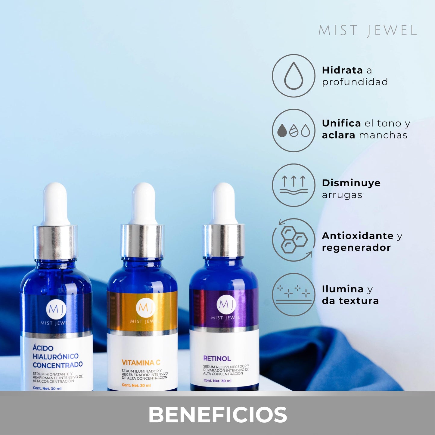 MIST JEWEL Kit sueros faciales Acido Hialurónico, Retinol y Vitamina C + E | Conjunto de serums completo para rejuvenecer, proteger y cuidar el cutis antiedad (KIT facial complete)