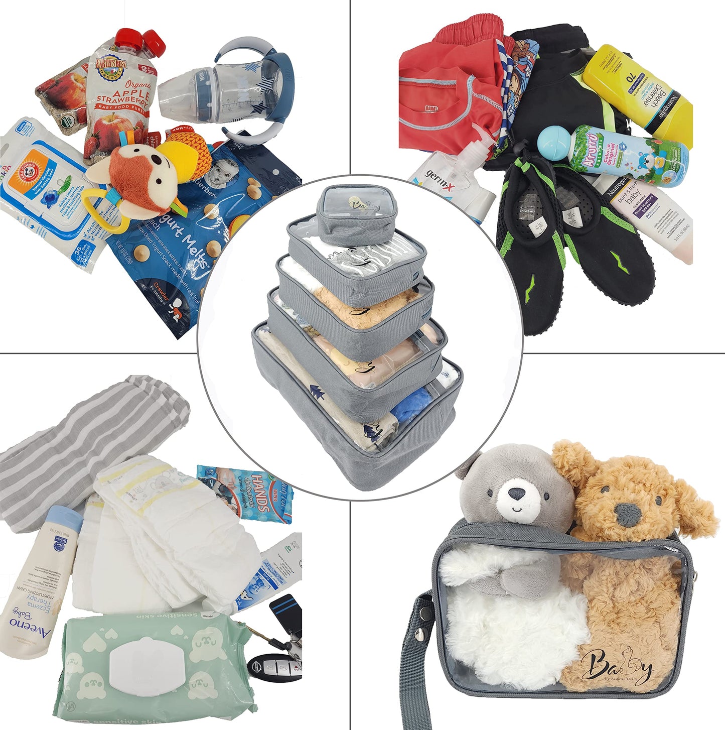 Llama Bella - Juego de 5 bolsas organizadoras para pañales, transparente con correas y estuche para chupete