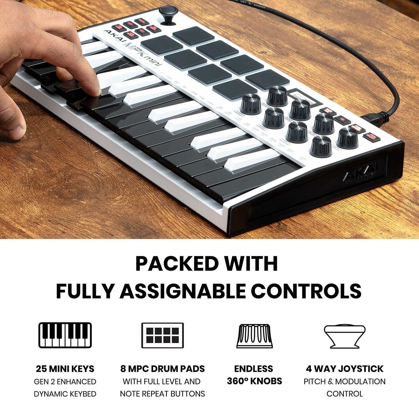 Akai Professional MPK Mini MK3 - Teclado Controlador MIDI USB de 25 Teclas con 8 Drum Pads, 8 Perillas, Software de Producción Musical y Native Instruments Sound Package (NKS Integration), Blanco