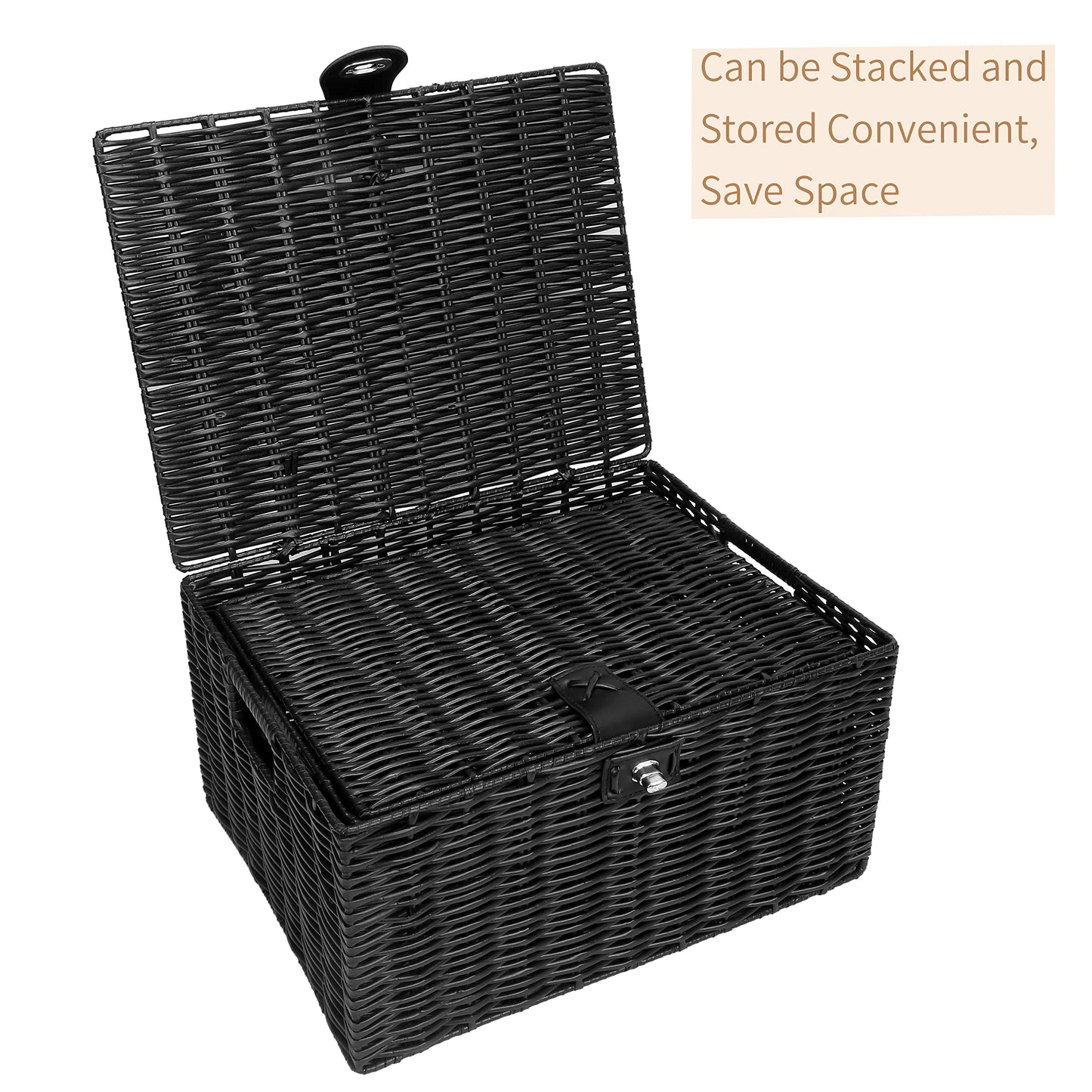 Honygebia - Juego de 3 cestas de almacenamiento de mimbre negro - Cajas decorativas con tapas, cesta tejida con cerradura y asa, organizador para maquillaje, belleza, decoración de baño