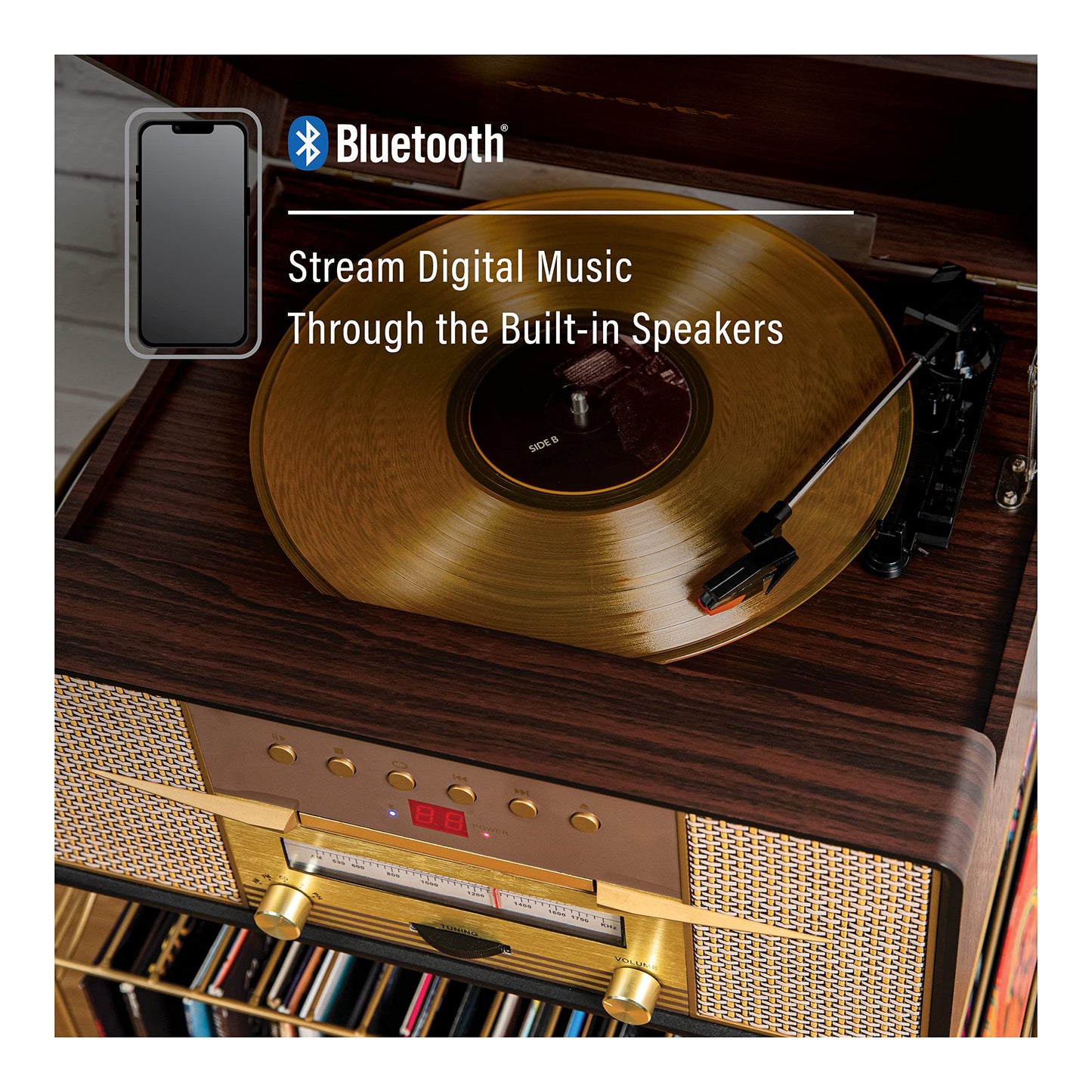 Crosley CR7016A-MA Rhapsody - Tocadiscos de 3 velocidades con Bluetooth, Radio Am/FM, Reproductor de CD y Entrada Auxiliar, Caoba