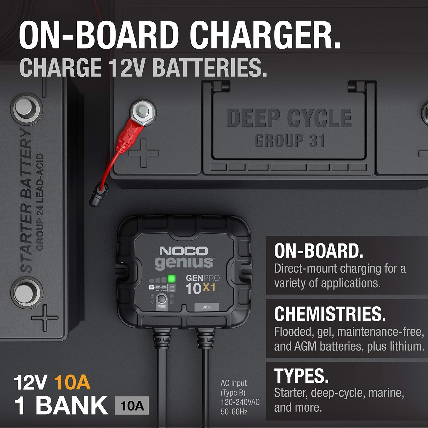 NOCO Genius GENPRO10X1, 1-Bank, 10-Amp (10-Amp per Bank) Fully-Automatic Smart Marine Charger, 12V Onboard Battery Charger, Battery Maintainer and Battery Desulfator with Temperature Compensation