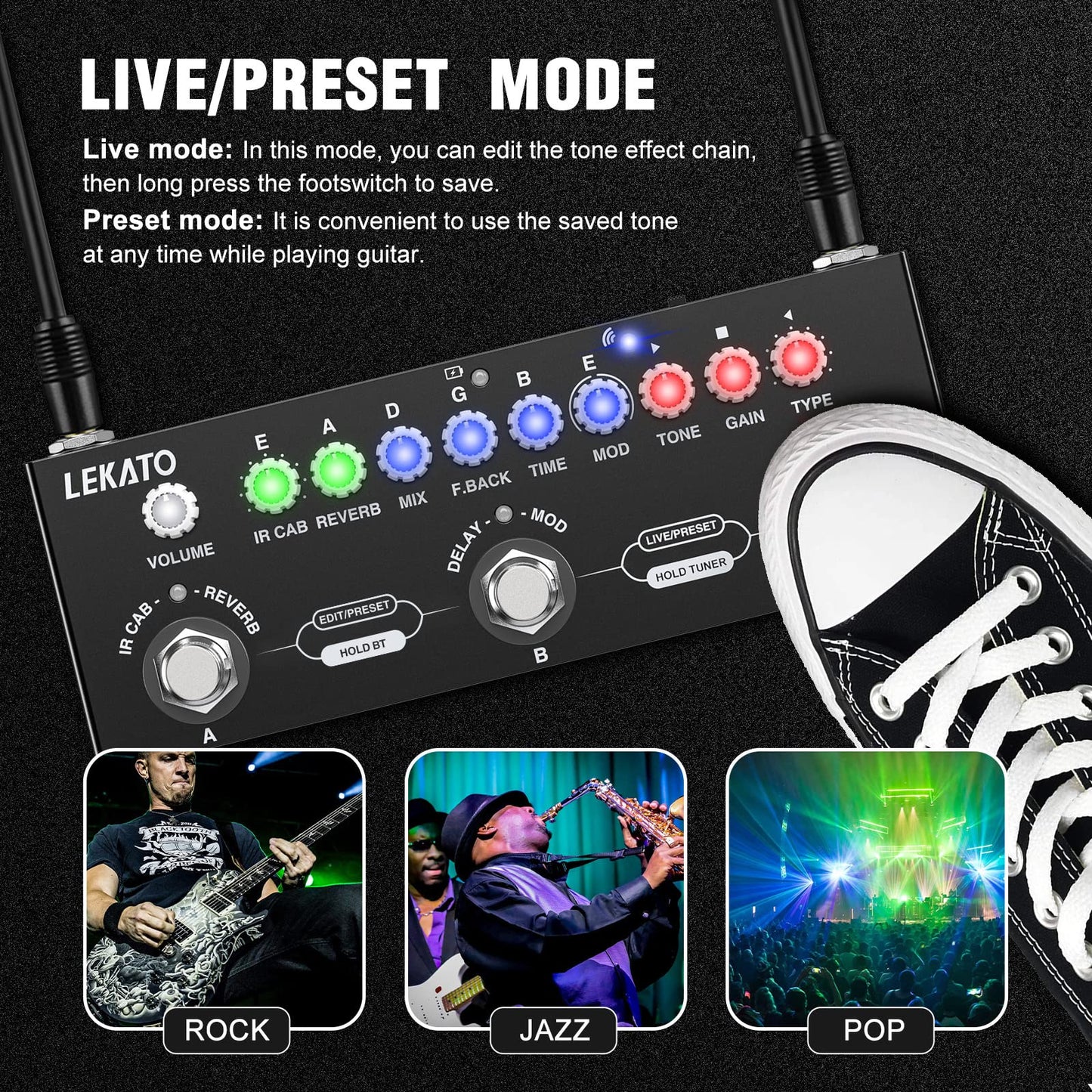 LEKATO - Pedal de guitarra multiefectos, con carga IR de 9 modelos AMP, pedal de sobremarcha de distorsión de reverberación retardada, efectos de guitarra eléctrica recargable, grabación de soporte