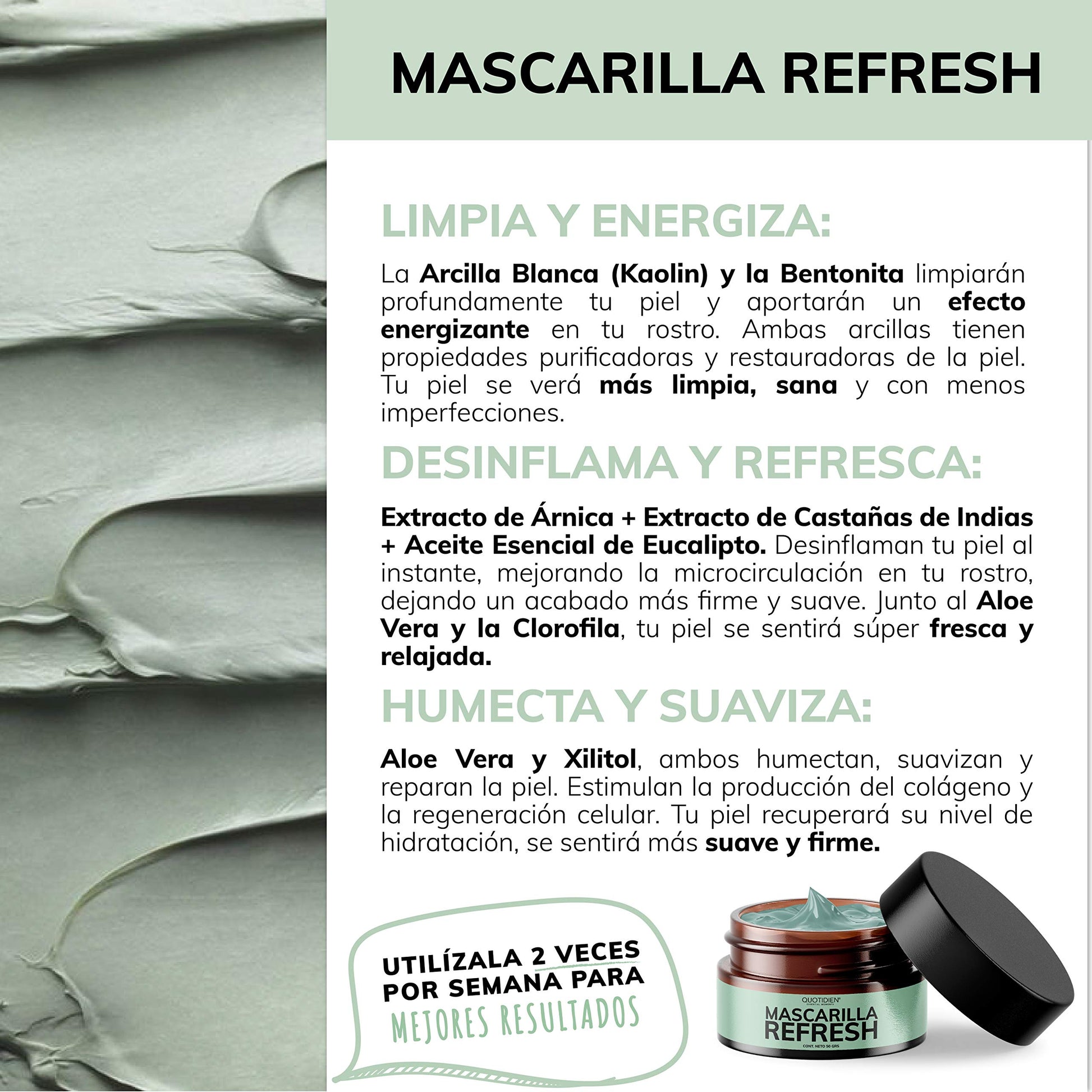 Mascarilla Facial Refrescante e Hidratante- Arcillas Puras (Kaolíin y Bentonita) + Aloe Vera+Xilitol- Limpia e Hidrata- Energiza y Suaviza-Desinflama y Refresca-Tonifica-93% Ingredientes Naturales- Piel Normal a Grasa- Sin Parabenos-Sin Fragancias Artific