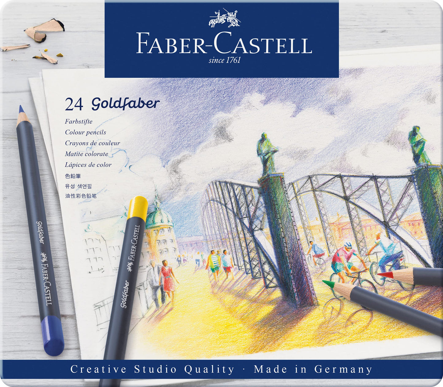 Faber-Castell Colores Goldfaber para Arte con 24 colores elaborados con excelente resistencia a la luz y a caídas, son ideales para artistas profesionales y aficionados que buscan proyectos creativos