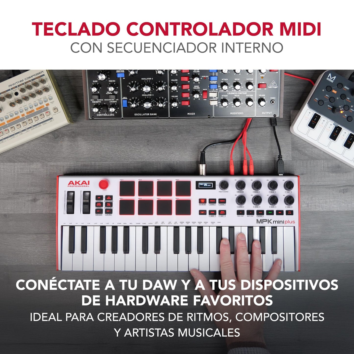 Akai Professional MPK Mini Plus - Teclado Controlador MIDI USB de 37 Mini Teclas con 8 Pads MPC, Secuenciador, MIDI/CV/Gate I/O, Software de Producción y Native Instruments Sound Package, Blanco
