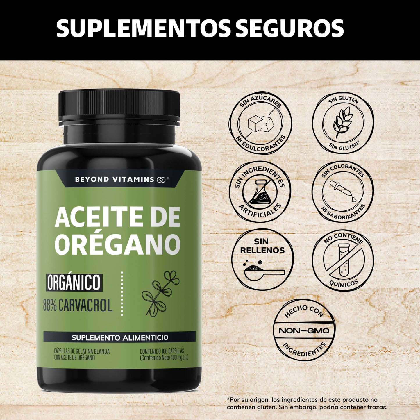 Beyond Vitamins | Aceite de Oregano Orgánico 100% Natural con 88% Carvacrol | Oil of Oregano Grado Alimenticio (180 Caps)
