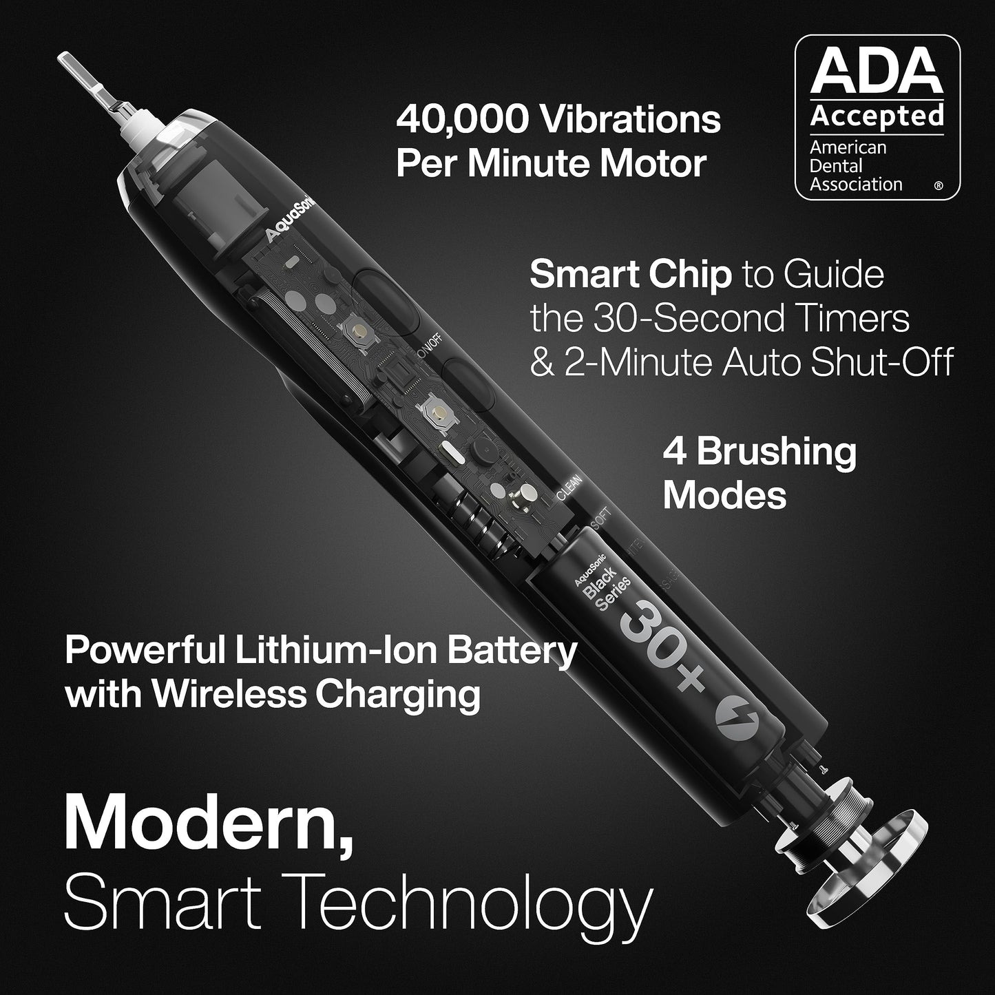 AquaSonic Black Series Cepillo de dientes Ultra Blanqueador - Cepillo de dientes Recargable Aceptado ADA - 8 cabezales de cepillo y estuche de viaje - Motor Ultra Sonic y carga inalámbrica - 4 modos w Temporizador inteligente - Sonic Electric