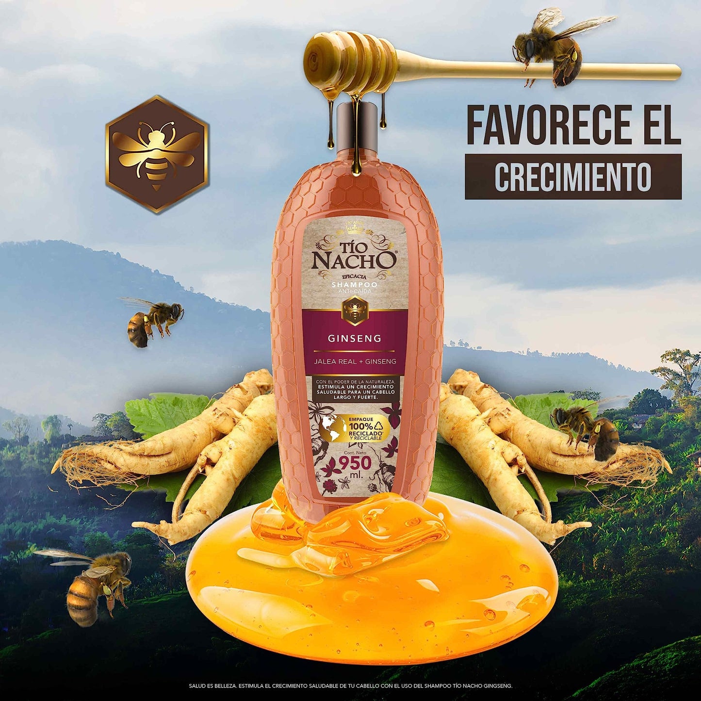 TIO NACHO - Shampoo Anti-Caída. Estimula y fortalece crecimiento saludable de la fibra capilar, con jalea real y extractos de ginseng, romero, aloe vera y jojoba. Empaque 100% reciclado, botella con 950ml
