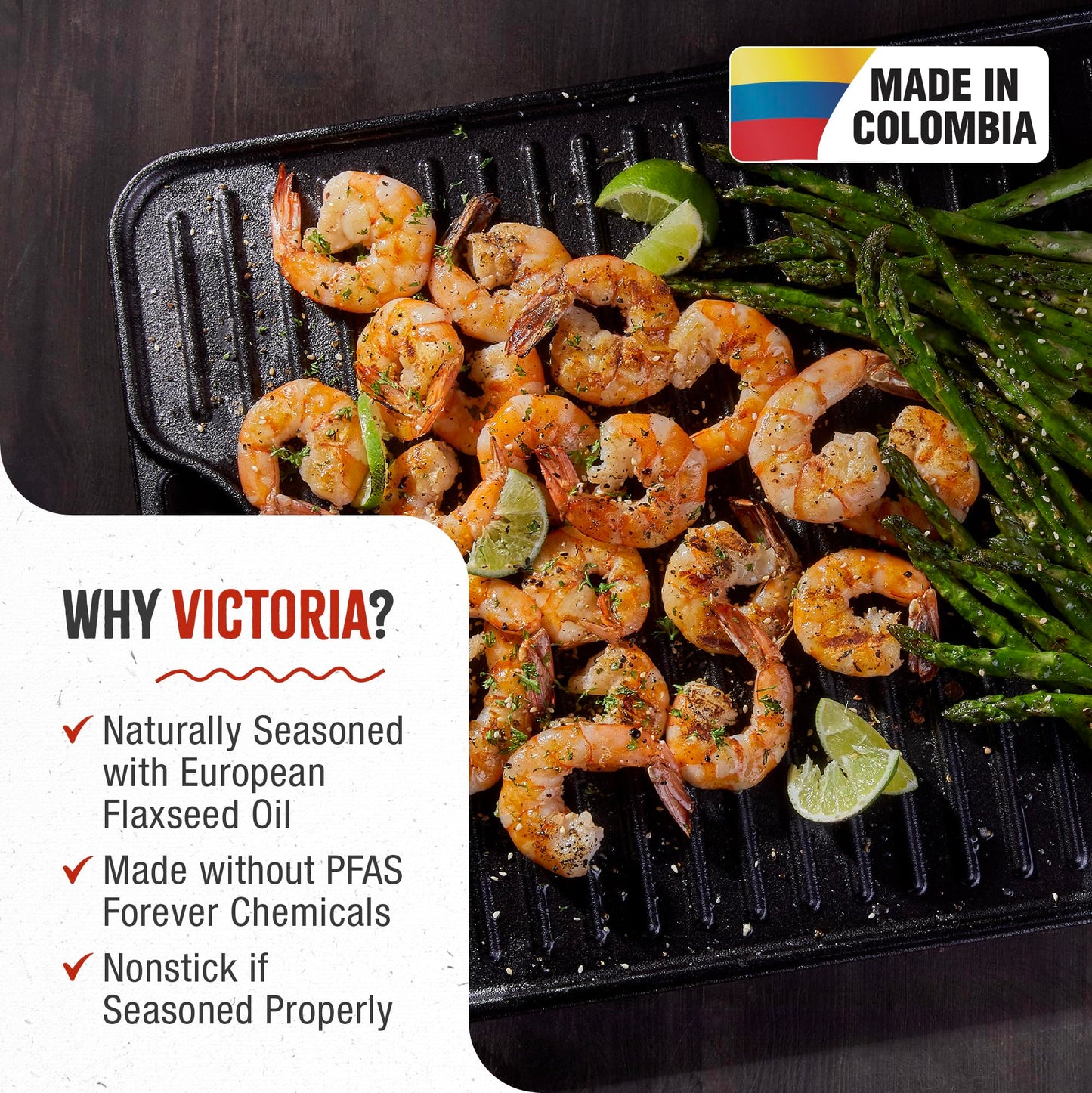 Plancha Rectangular de Hierro Fundido Victoria Negro Sazonada con Aceite de Linaza Kosher 51 x 35 cm para dos Quemadores