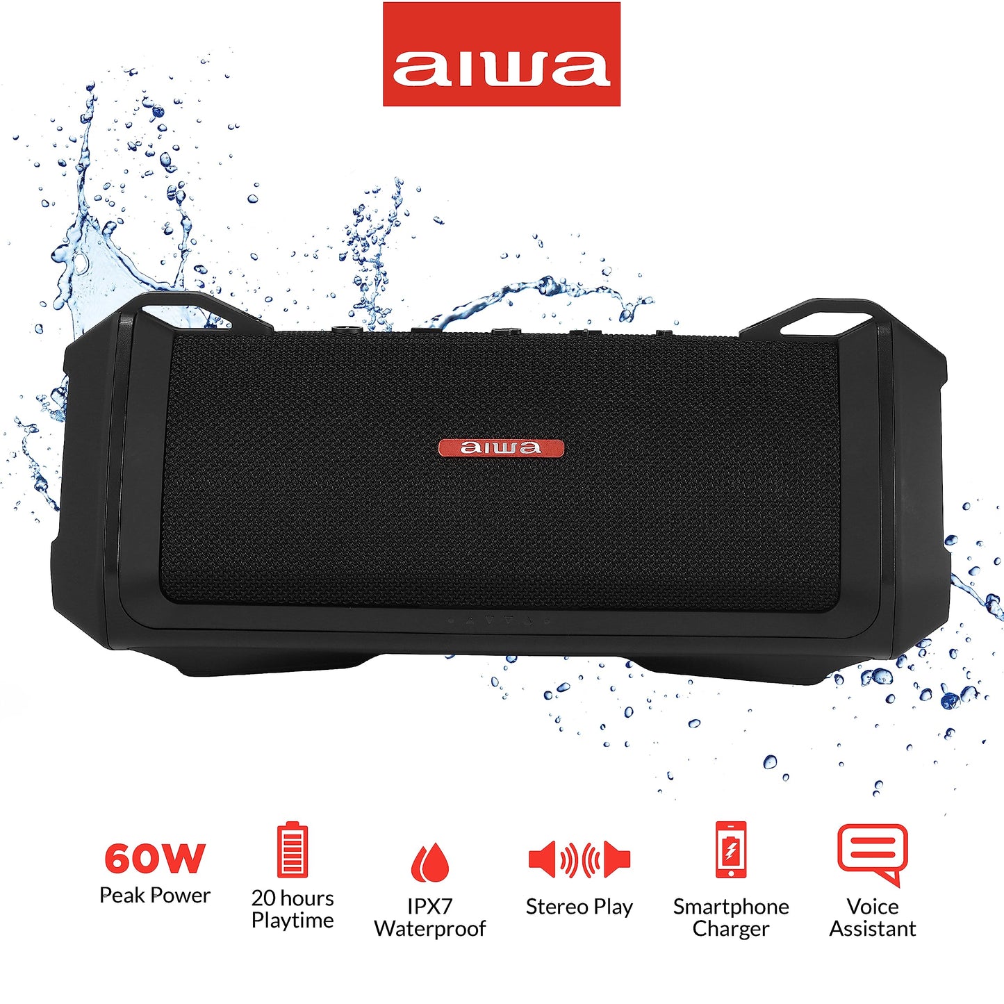 Aiwa Exos-3 - Altavoz Bluetooth Impermeable, Potencia máxima de 60 W, Tiempo de reproducción de 20 Horas, Sonido estéreo, Carga USB-C, Impermeable IPX7, emparejamiento inalámbrico, Perfecto para