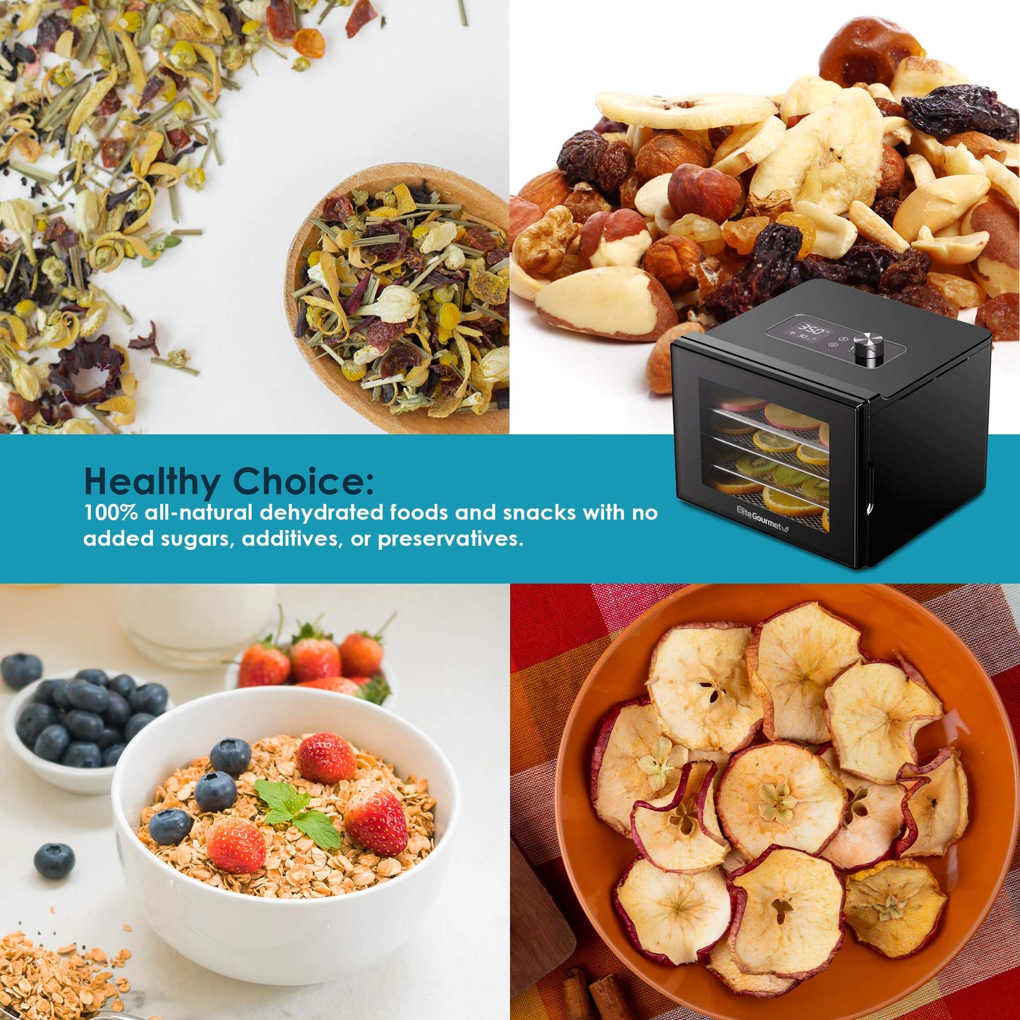 Elite Gourmet Deshidratador de alimentos, bandejas de acero inoxidable, deshidratador de alimentos, controles de temperatura ajustables, hierbas cecas, frutas, verduras y aperitivos