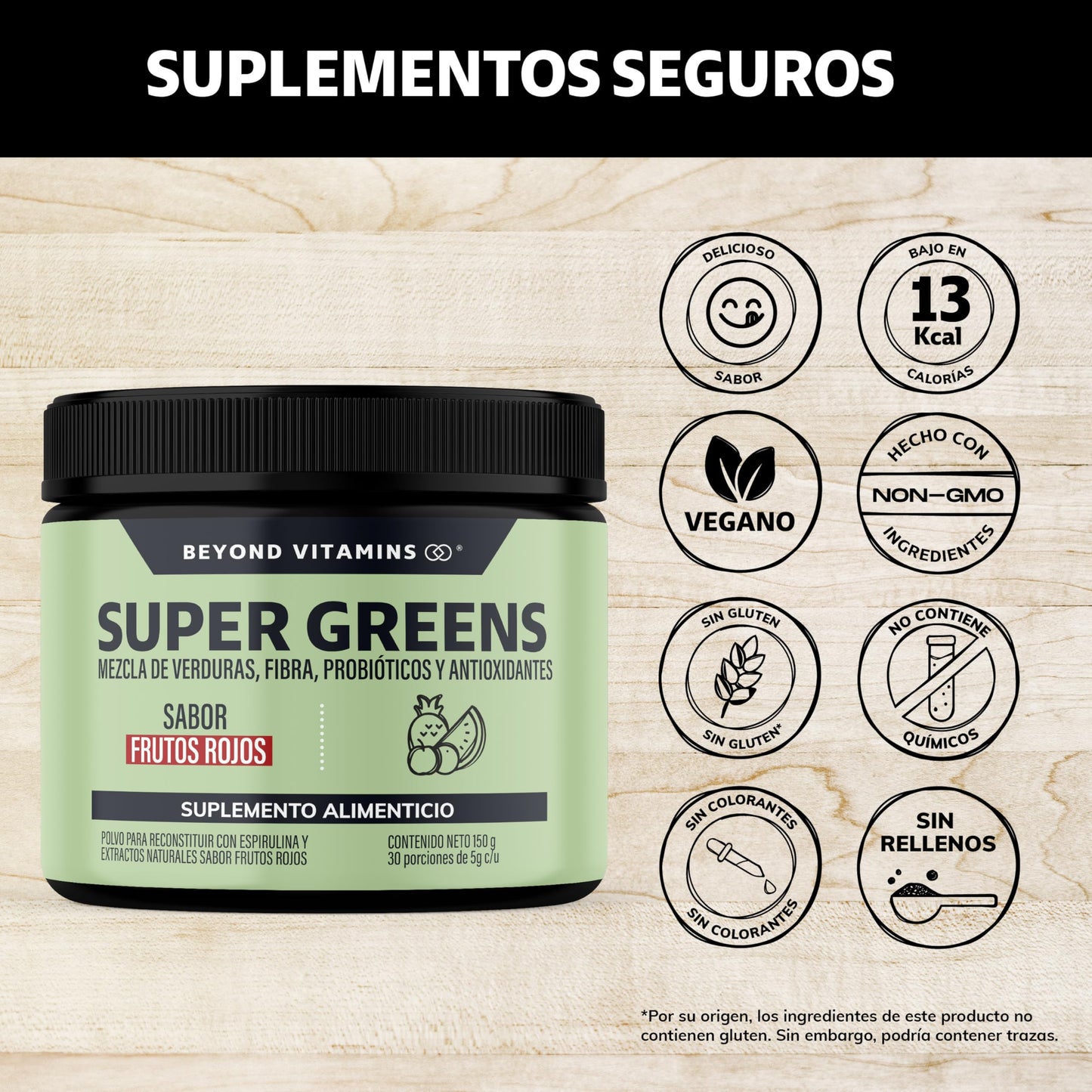 Beyond Vitamins | Super Greens, Jugo Verde en Polvo con Té Matcha, Espirulina, Té Verde, Espinaca, Clorofila, Moringa, Melena de León, Enzimas Digestivas, Probióticos y muchos más | Super Blend Sabor Frutos Rojos | 30 porciones