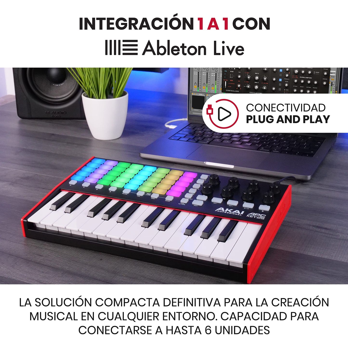 Akai Professional APC Key 25 MK2 - driver de teclado MIDI USB de 25 teclas para lanzamiento de clips con Ableton Live Lite, 40 almohadillas para orejas RGB y 8 perillas giratorias