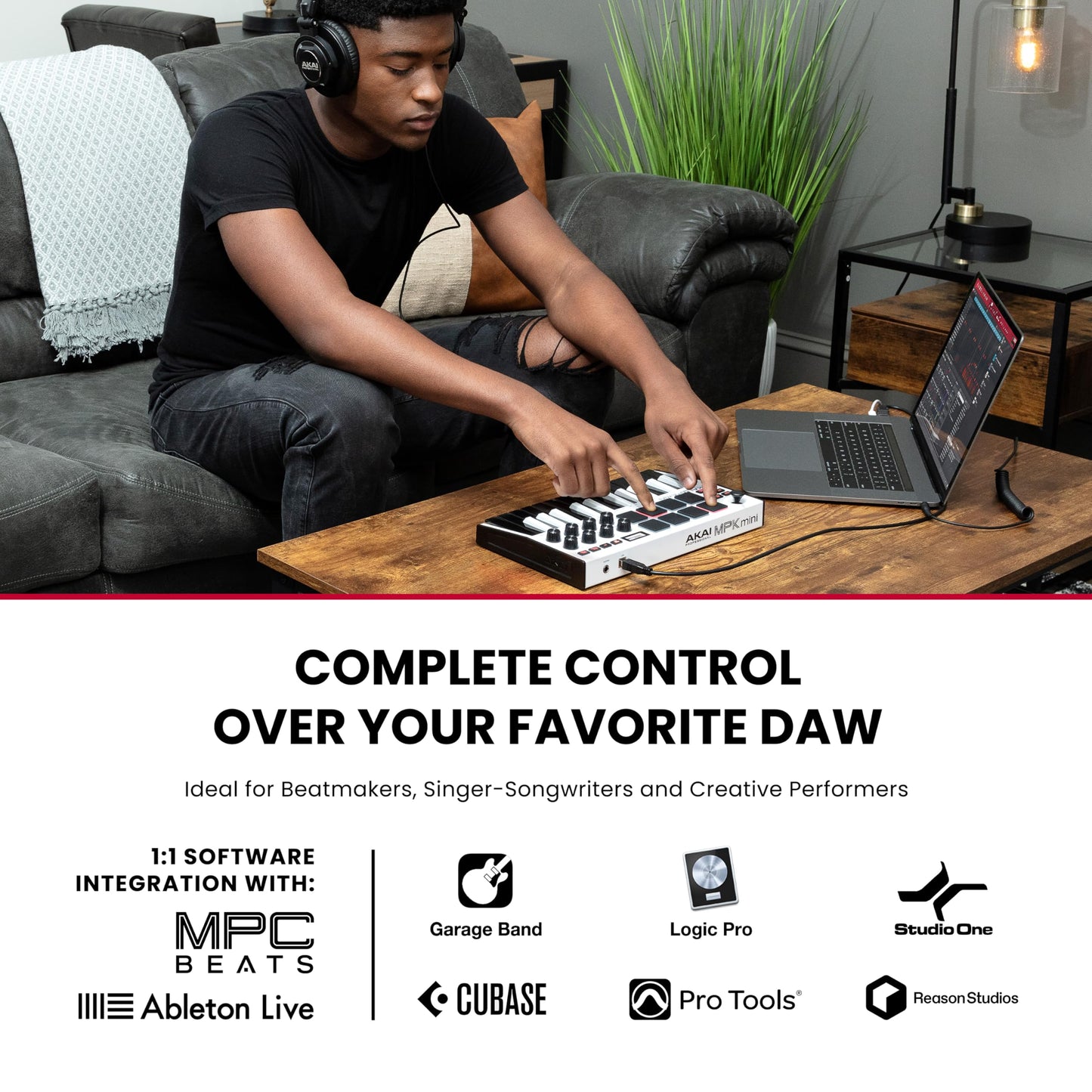 Akai Professional MPK Mini MK3 - Teclado Controlador MIDI USB de 25 Teclas con 8 Drum Pads, 8 Perillas, Software de Producción Musical y Native Instruments Sound Package (NKS Integration), Blanco