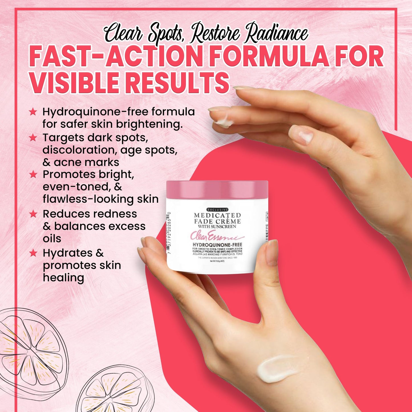 Clear Essence Exclusive Medicated Fade Creme With Sunscreen - Fade Cream For Dark Spots - Beauty Cream for Glowing Skin Complexion - Skin Care (4 Oz.)