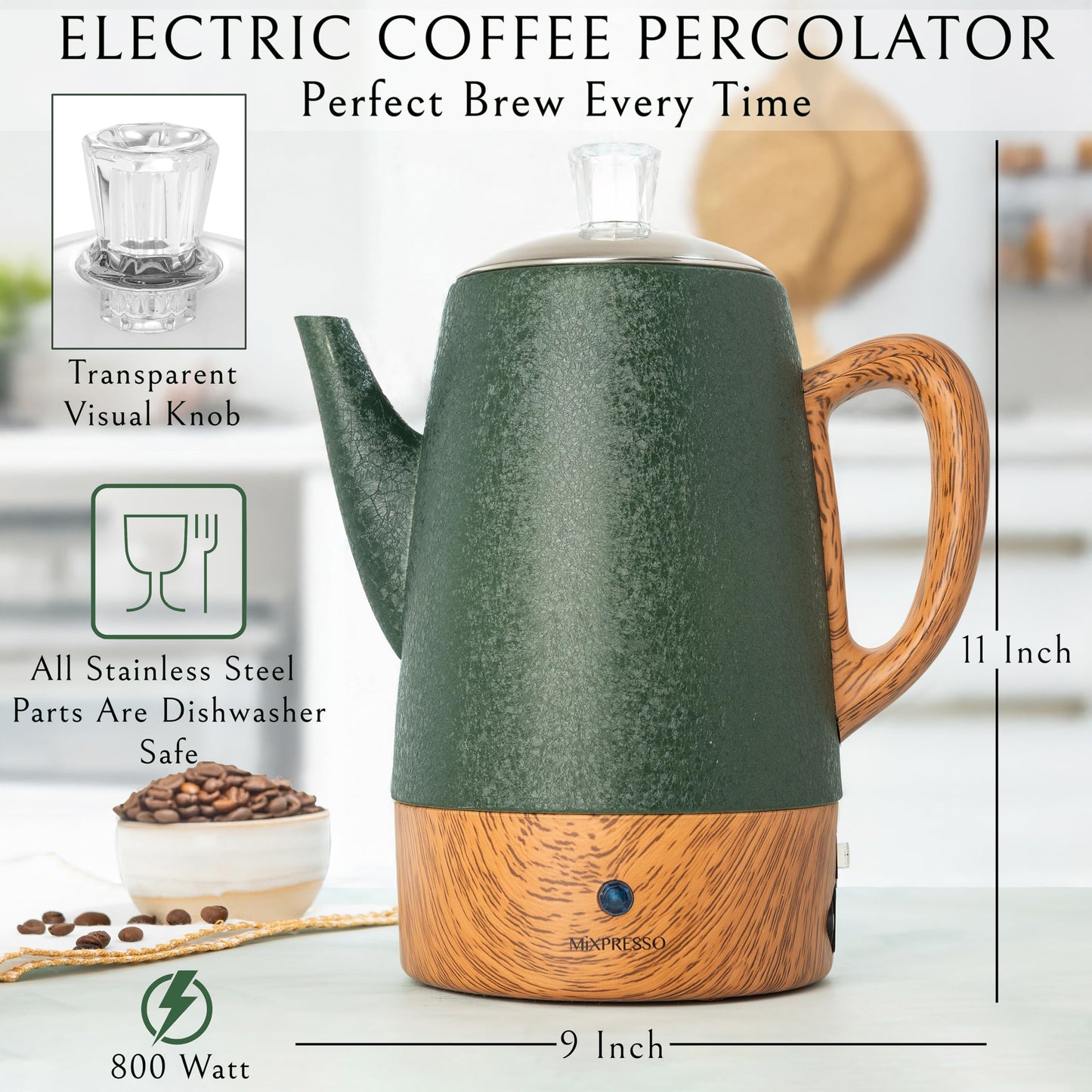 Cafetera Mixpresso Verde con Percolador Eléctrico de Acero Inoxidable, Función Mantener Calor, 10 Tazas
