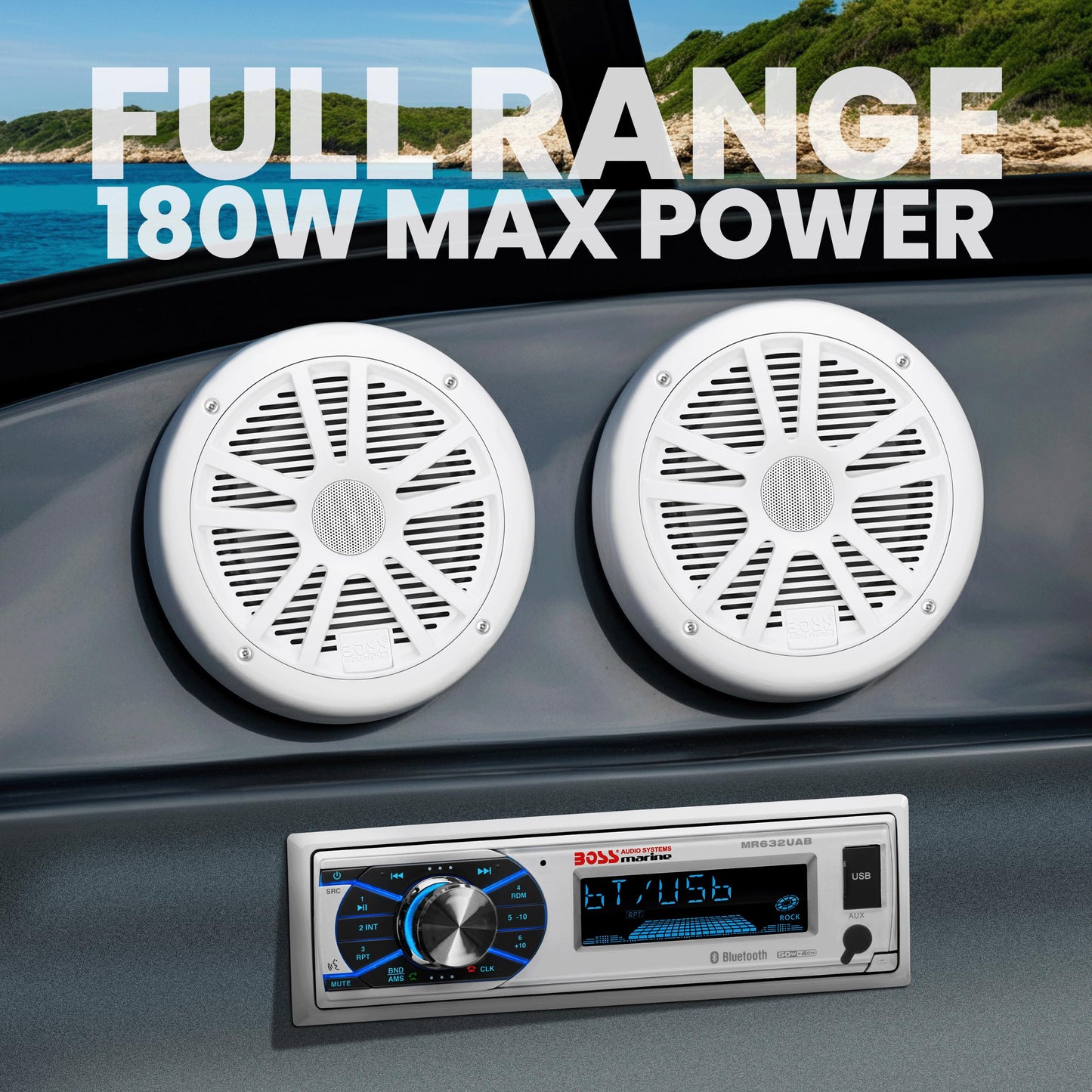 BOSS Audio Systems MCK632WB.6 - Receptor y altavoz marino resistente a la intemperie - Bluetooth Audio, USB, MP3, AM FM, entrada auxiliar, sin reproductor de CD, altavoces de 6,5 pulgadas resistentes a la intemperie, antena dipolo marino